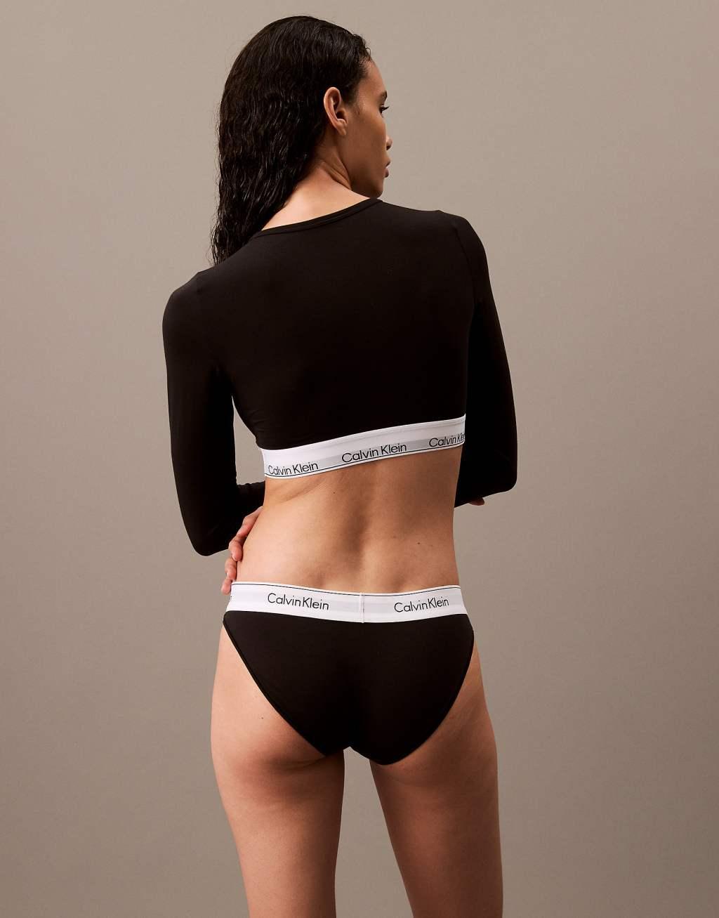 Calvin Klein Modern Cotton lightly lined long sleeve crop top with logo taping in black Product Image