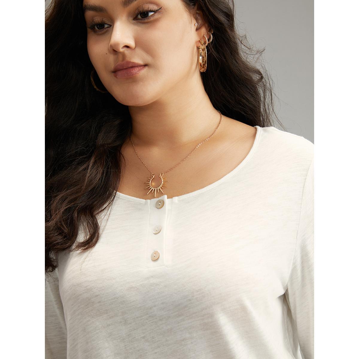 Plus Size Cotton Solid Button Up Crew Neck T-shirt White Women Casual Plain Plain Open Front Dailywear T-shirts BloomChic 18-20/2X Product Image