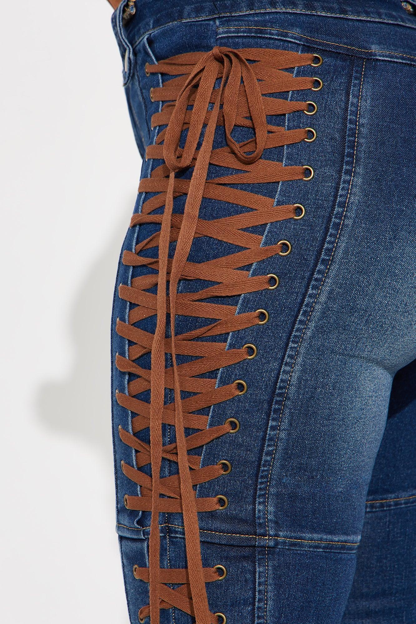 Jaw Dropper Stretch Lace Up Bootcut Jeans - Dark Wash Product Image