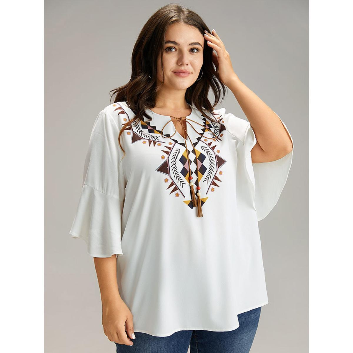 Plus Size White Bandana Patchwork Tassel Trim Flutter Sleeve Blouse Women Vacation Half Sleeve Tie Neck Vacation Blouses BloomChic 30/6X Product Image