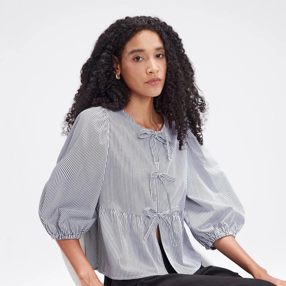 Women's Balloon 3/4 Sleeve Tie-Front Blouse - A New Day™ Black Striped XL Product Image