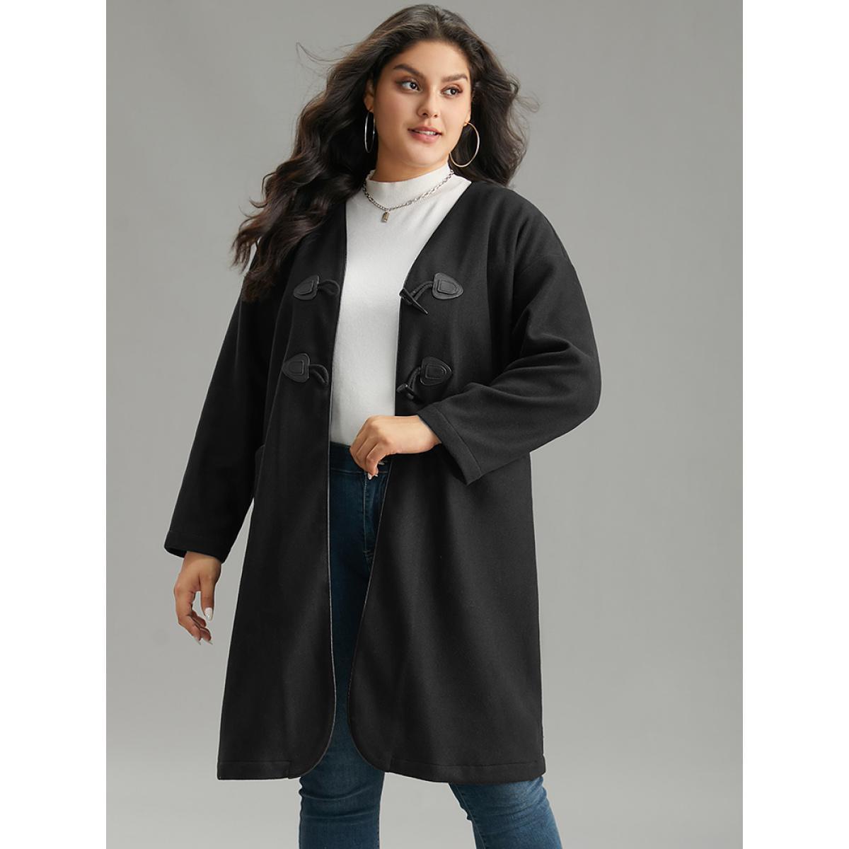 Plus Size Plain Duffle Button Pocket Coat Women Black Casual Plain Ladies Dailywear Winter Coats BloomChic 28/5X Product Image