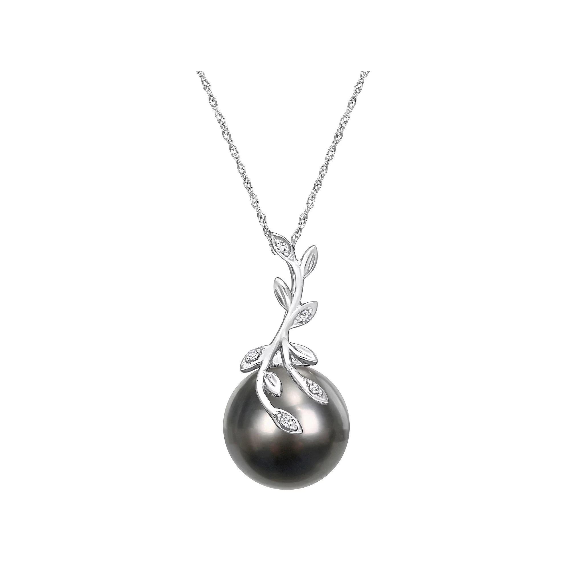Stella Grace 14k White Gold Tahitian Cultured Pearl & Diamond Accent Leaf Pendant Necklace, Women's, Size: 17" Product Image