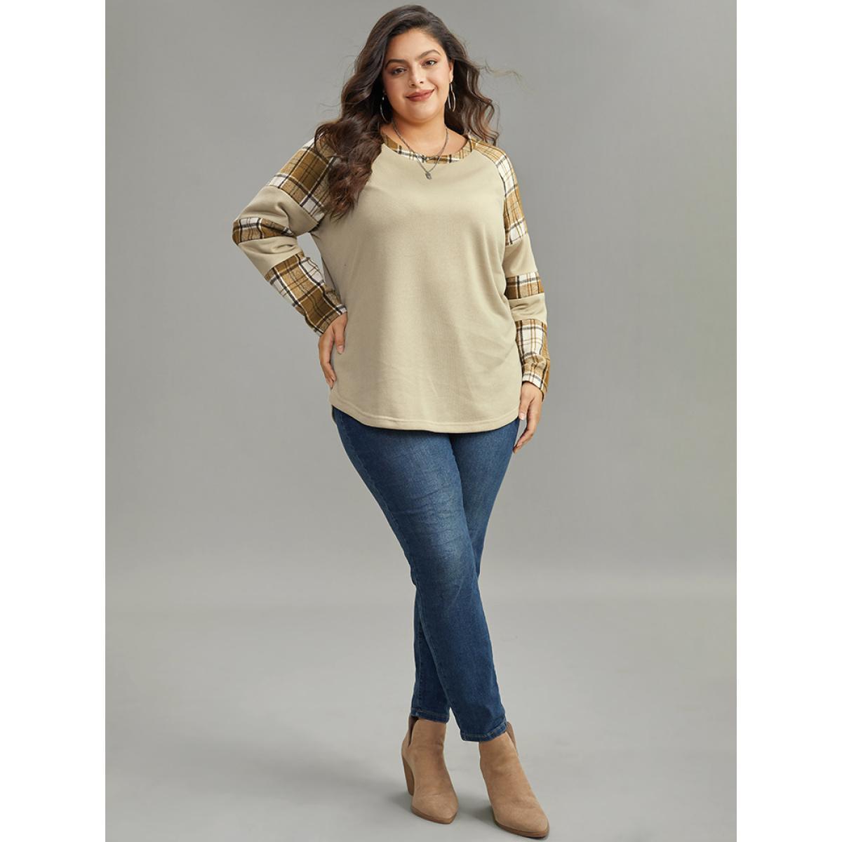 Plus Size Plaid Patchwork Raglan Sleeve Sweatshirt Women Champagne Casual Thick Round Neck Dailywear Sweatshirts BloomChic 18-20/2X Product Image