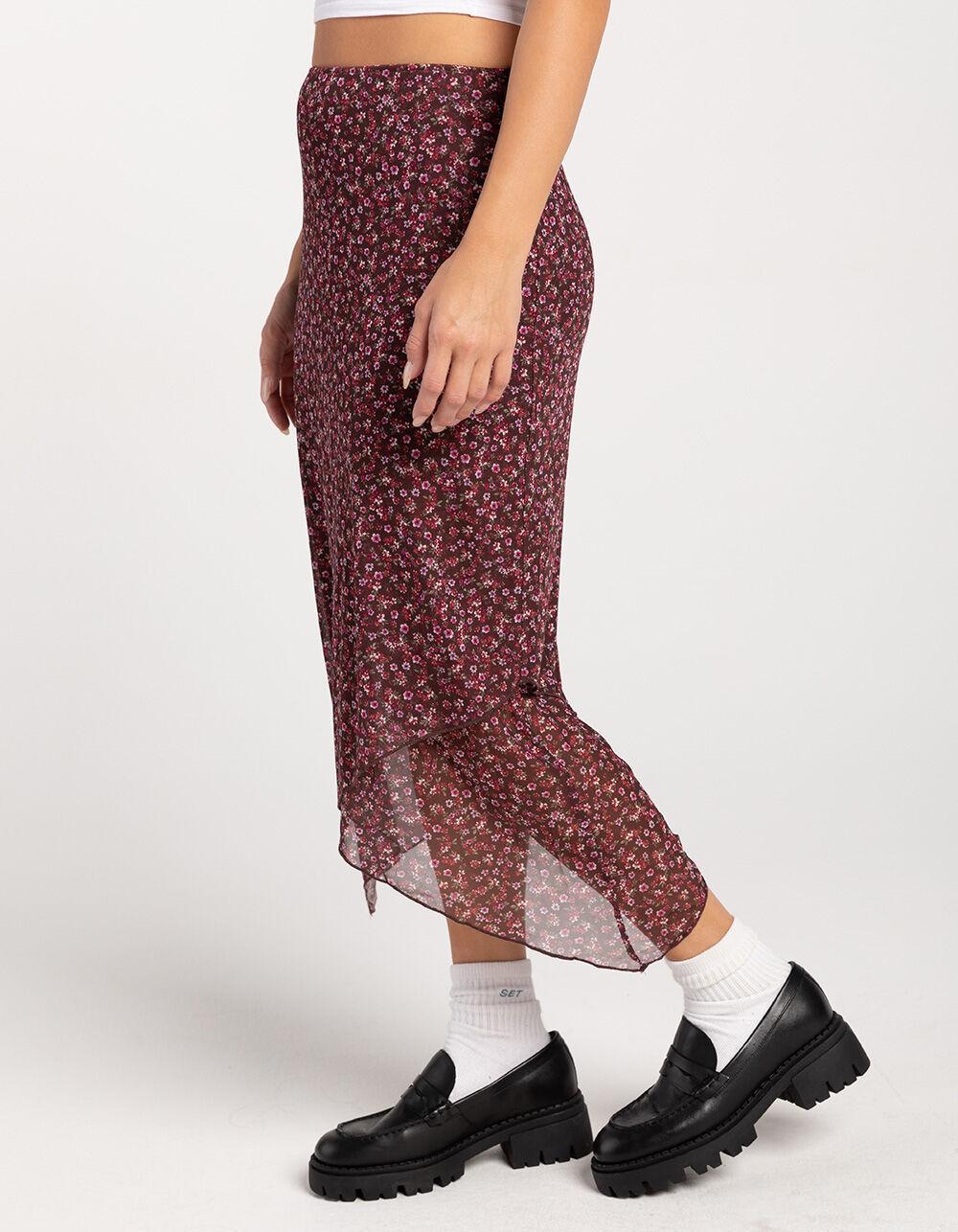 RSQ Womens Low Rise Asymmetrical Mesh Midi Skirt - BURGUNDY COMBO Product Image