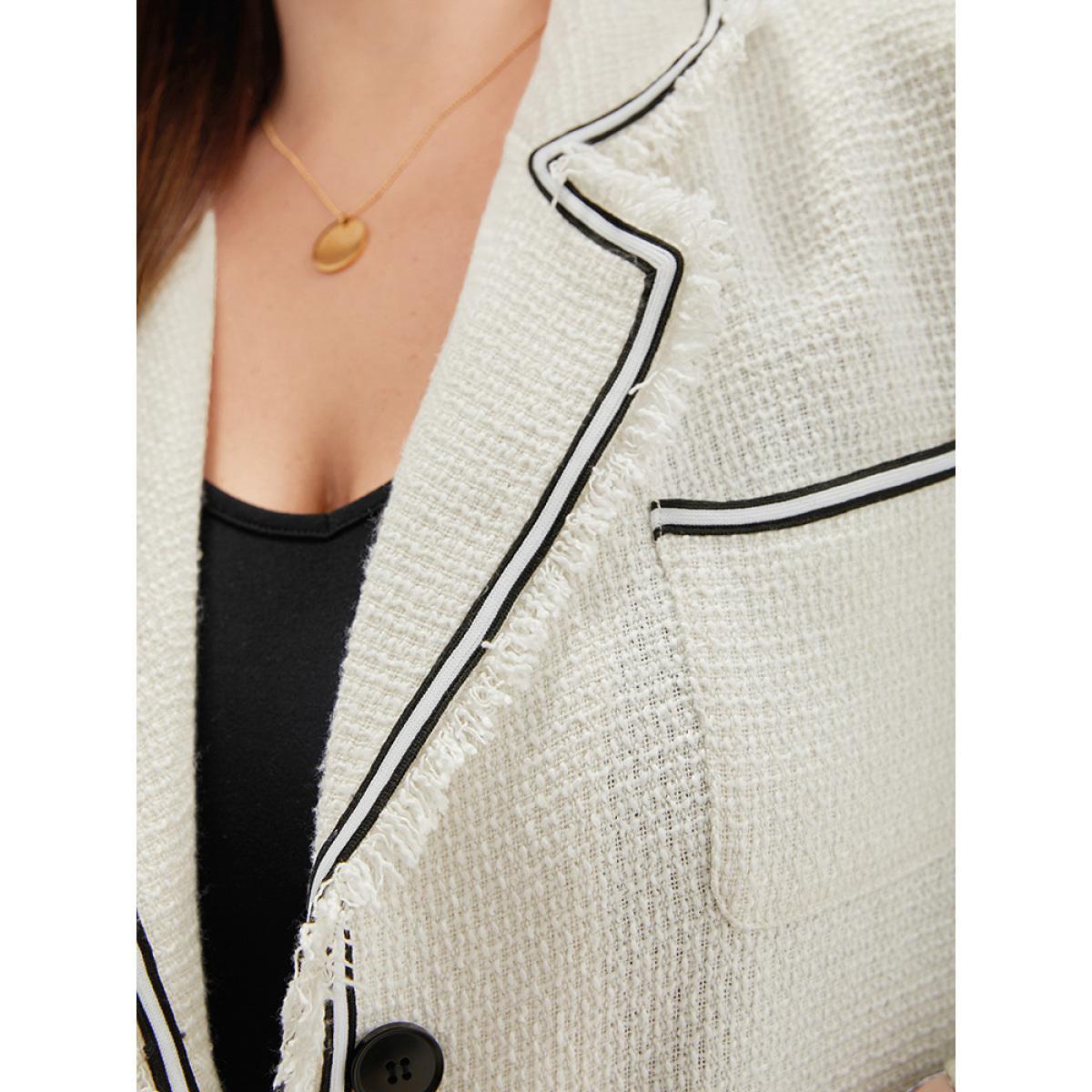 Plus Size Lapel Collar Tweed Contrast Fuzzy Trim Blazer White Women Work Plain Texture Sleeve Long Sleeve Lapel Collar 14-16/1X Pocket Office Blazers BloomChic Product Image