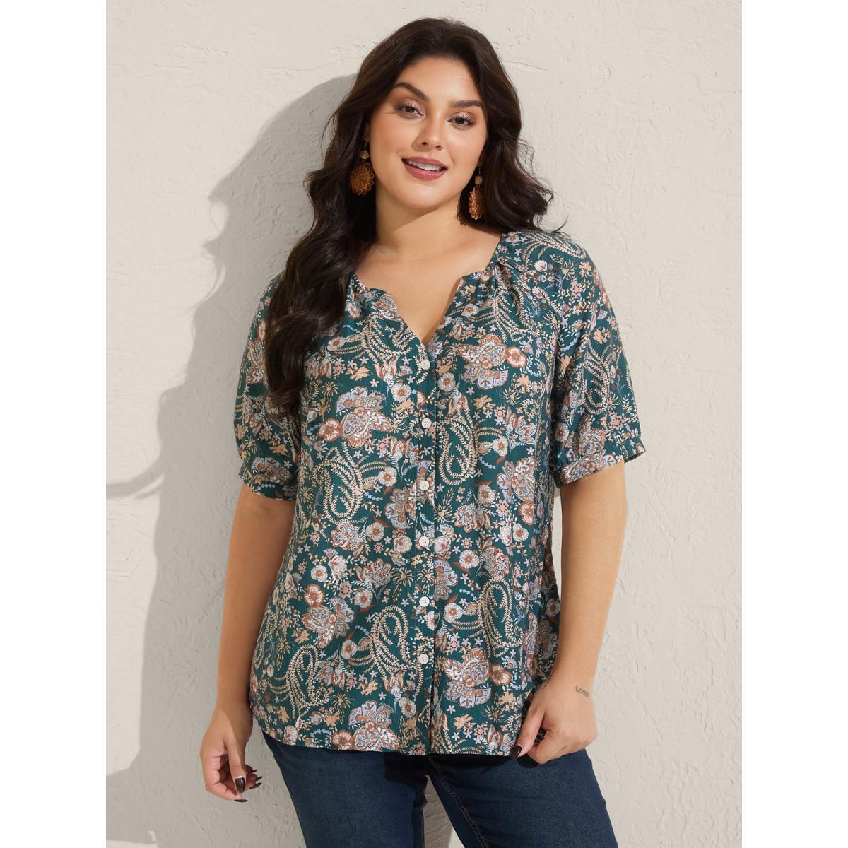 Plus Size Multicolor Paisley Print Button Placket Blouse Women Half Sleeve Round Neck Vacation Blouses BloomChic 22-24/3X Product Image