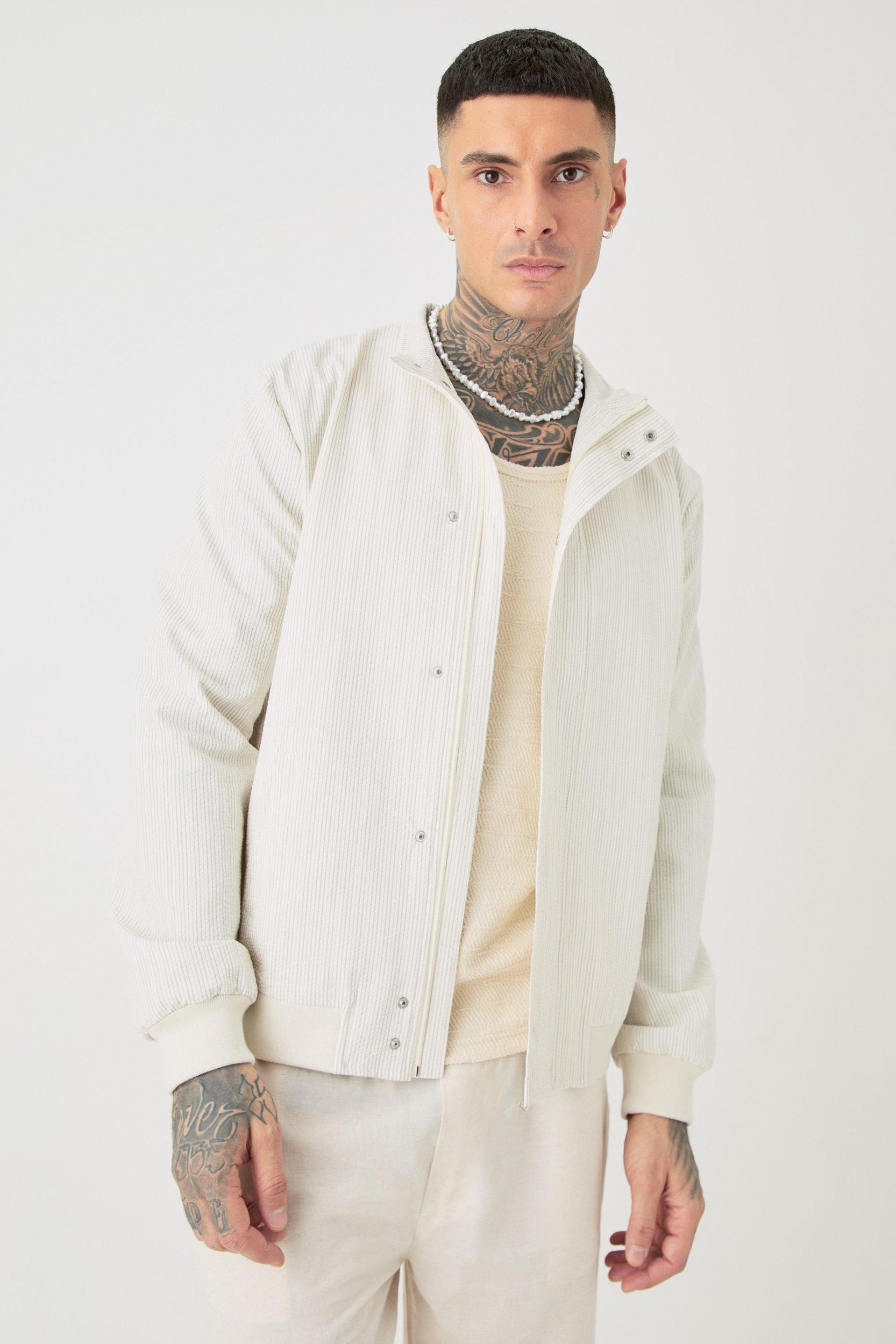 Mens Tall Stripe Seersucker Funnel Neck Smart Jacket - Cream Product Image