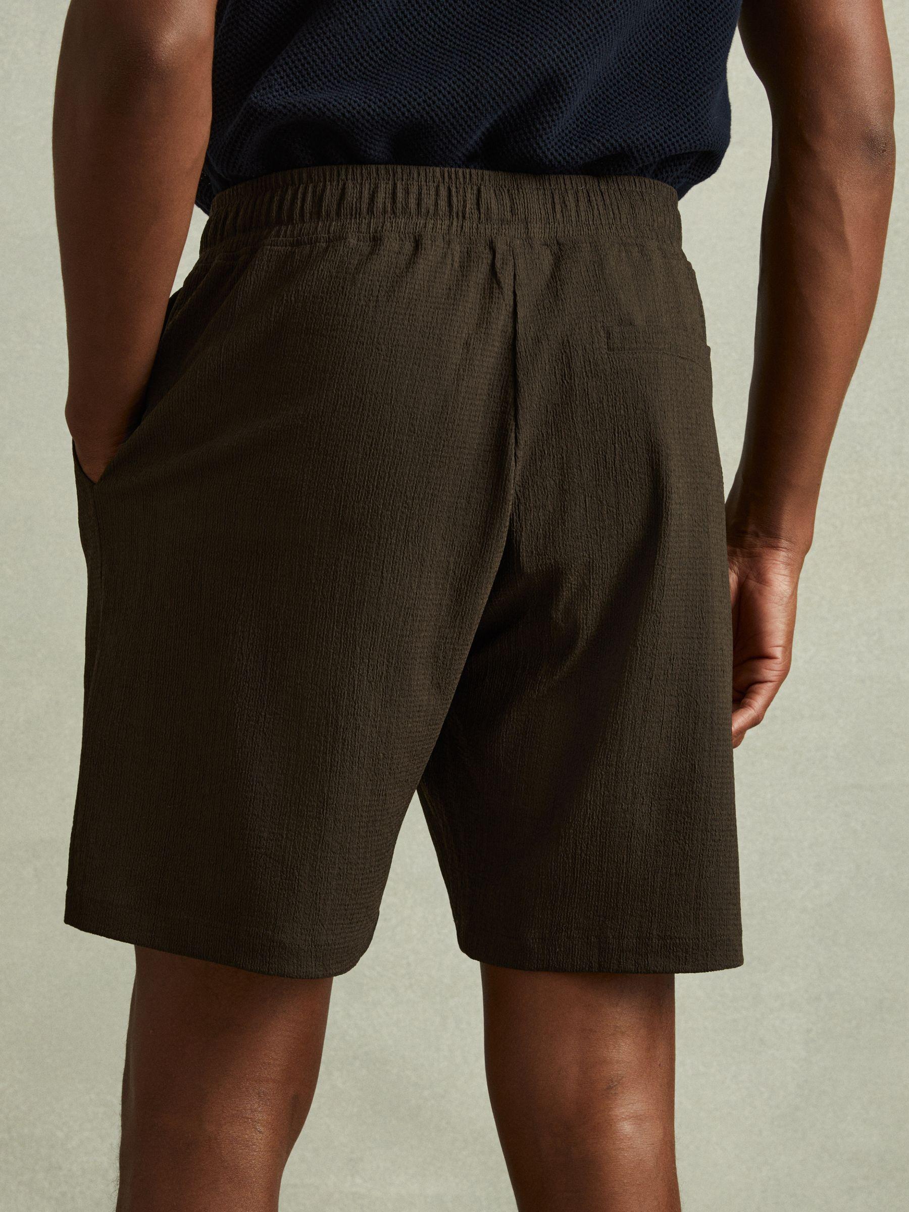 Textured Crepe Drawstring Shorts in Dark Olive Green Product Image