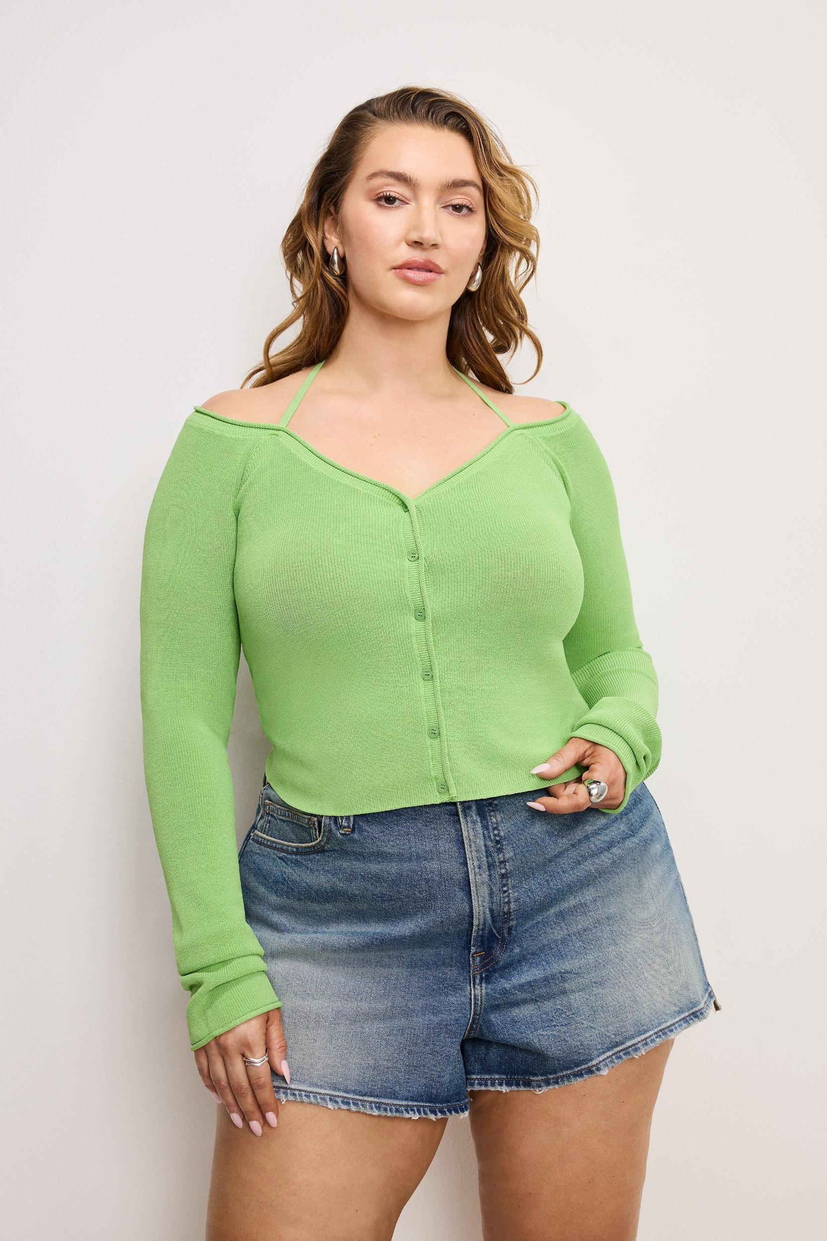 STRETCH RIB KNIT OFF SHOULDER TOP | LIME005 Product Image
