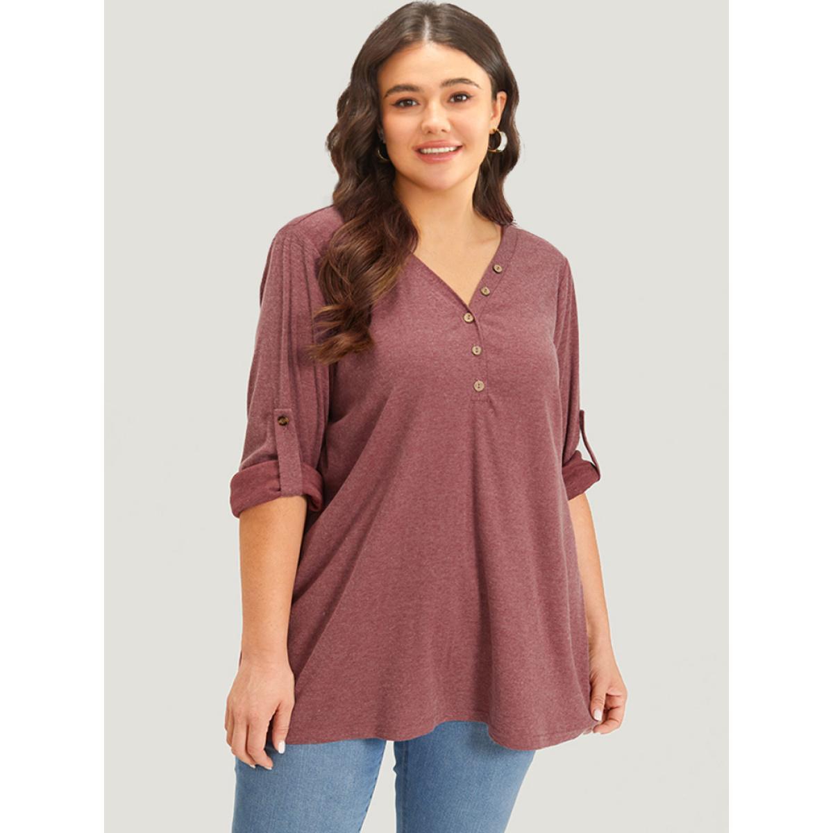 Plus Size Plain V Neck Button Up Tab Sleeve T-shirt Rust Women Casual Plain Plain V-neck Dailywear T-shirts BloomChic 10/M Product Image