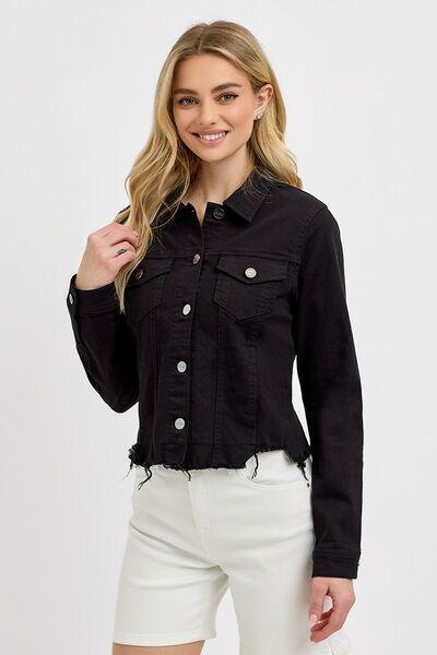 RISEN Irregular Fray Hem Button Up Women's Denim Jacket Product Image