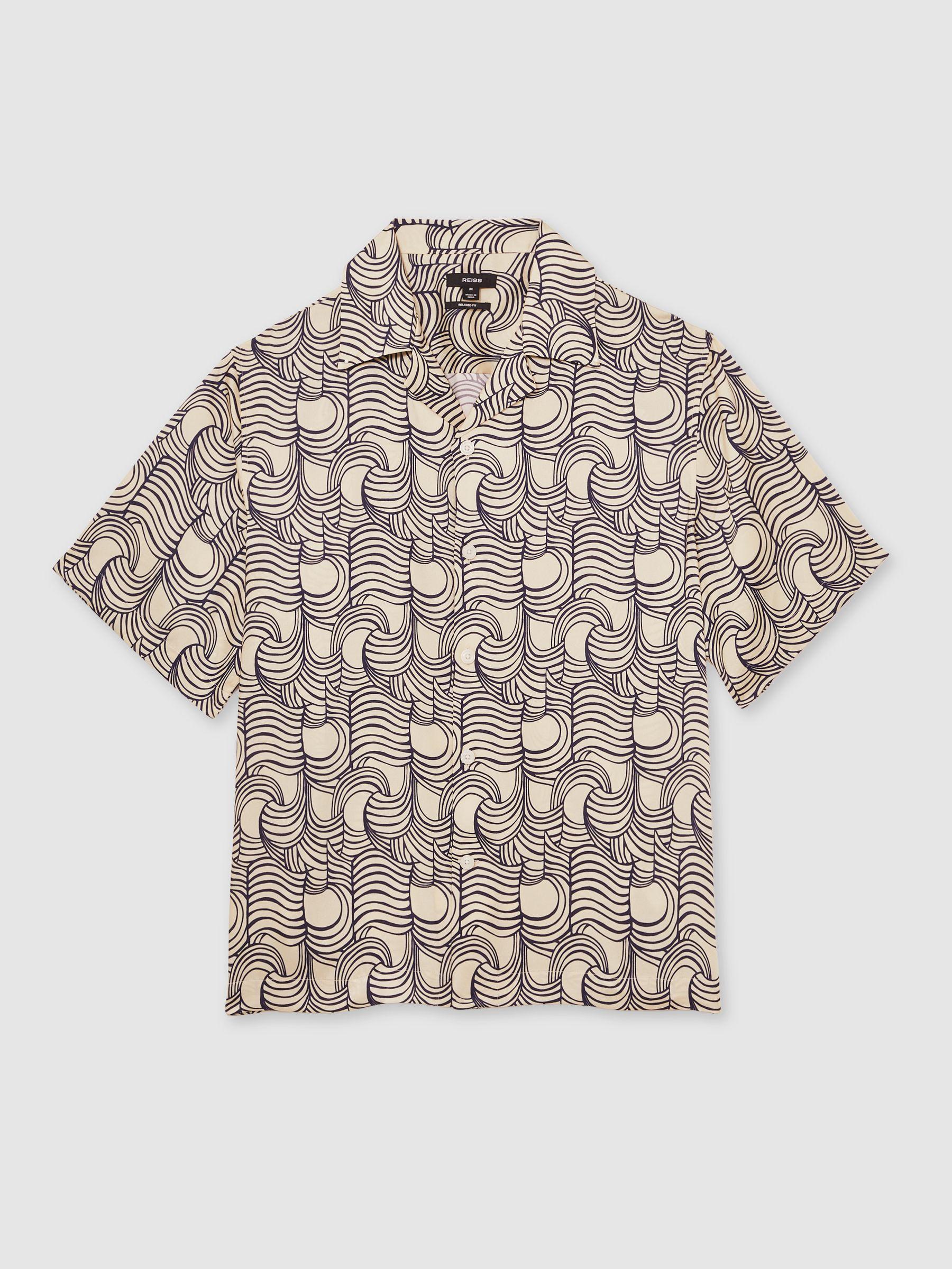 Wave Print Cuban Collar Shirt in Off White/Navy Product Image