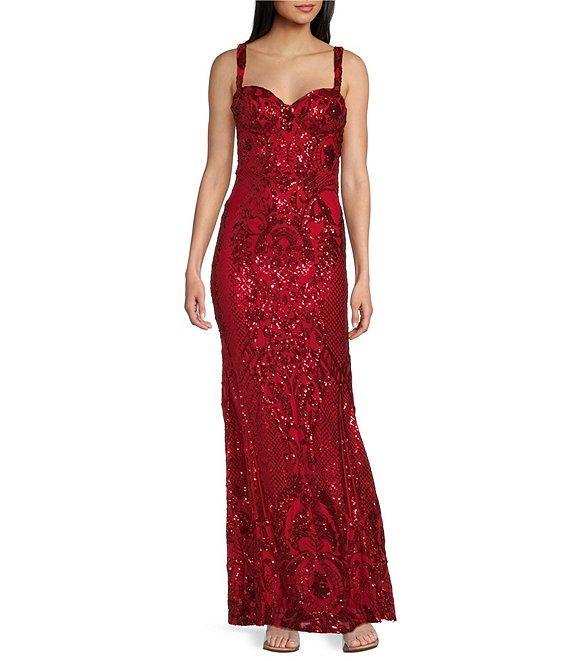 B. Darlin Sweetheart Bustier Placement Sequin Long Dress Product Image