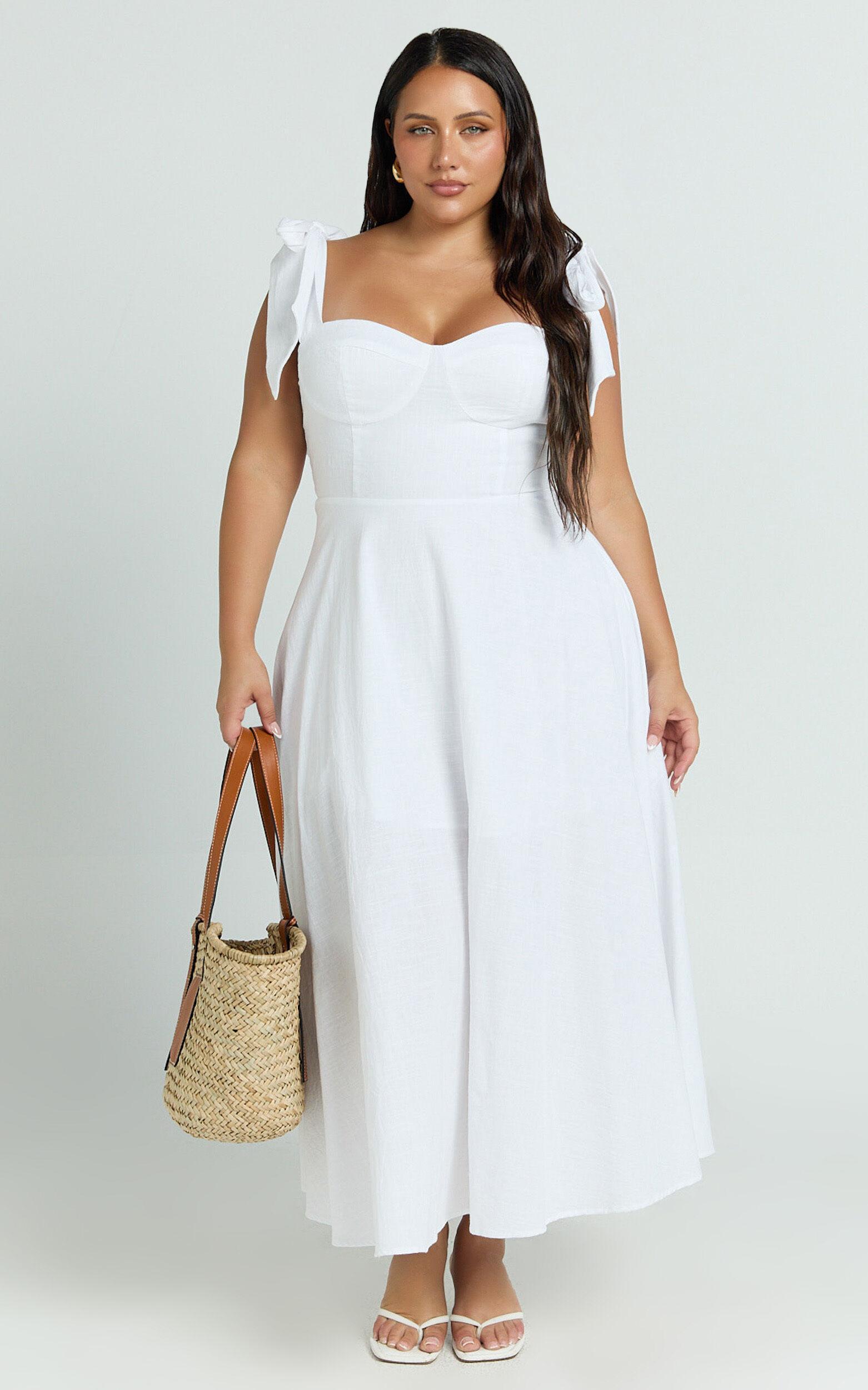 Tymia Midi Dress - Shoulder Tie Bustier Shirred Back A Line in White Product Image