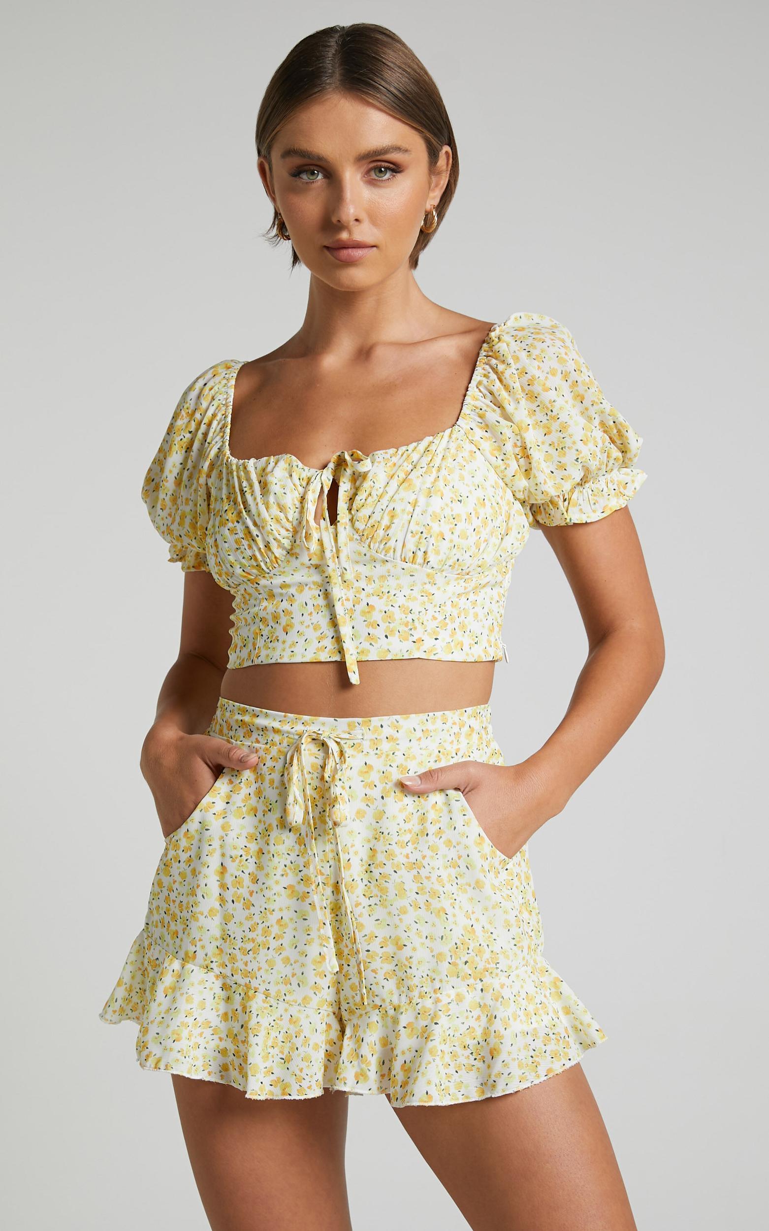 Xandy Mini Dress - Textured Puff Sleeve Plunge Dress in White Product Image