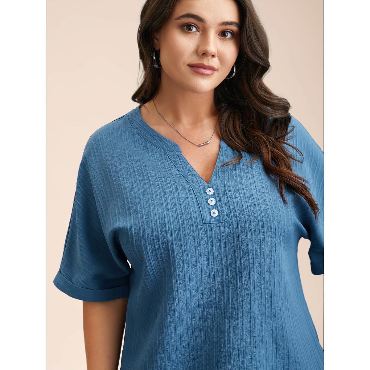 Plus Size Cerulean Notched Collar Textured Button Blouse Women Elegant Short sleeve V-neck Everyday Blouses BloomChic 14-16/1X Product Image