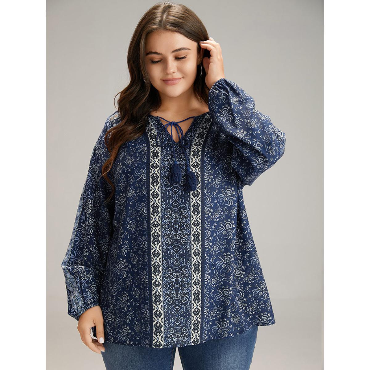 Plus Size Indigo Bandana Print Tassels Ties Blouse Women Vacation Long Sleeve Tie Neck Dailywear Blouses BloomChic 14-16/1X Product Image