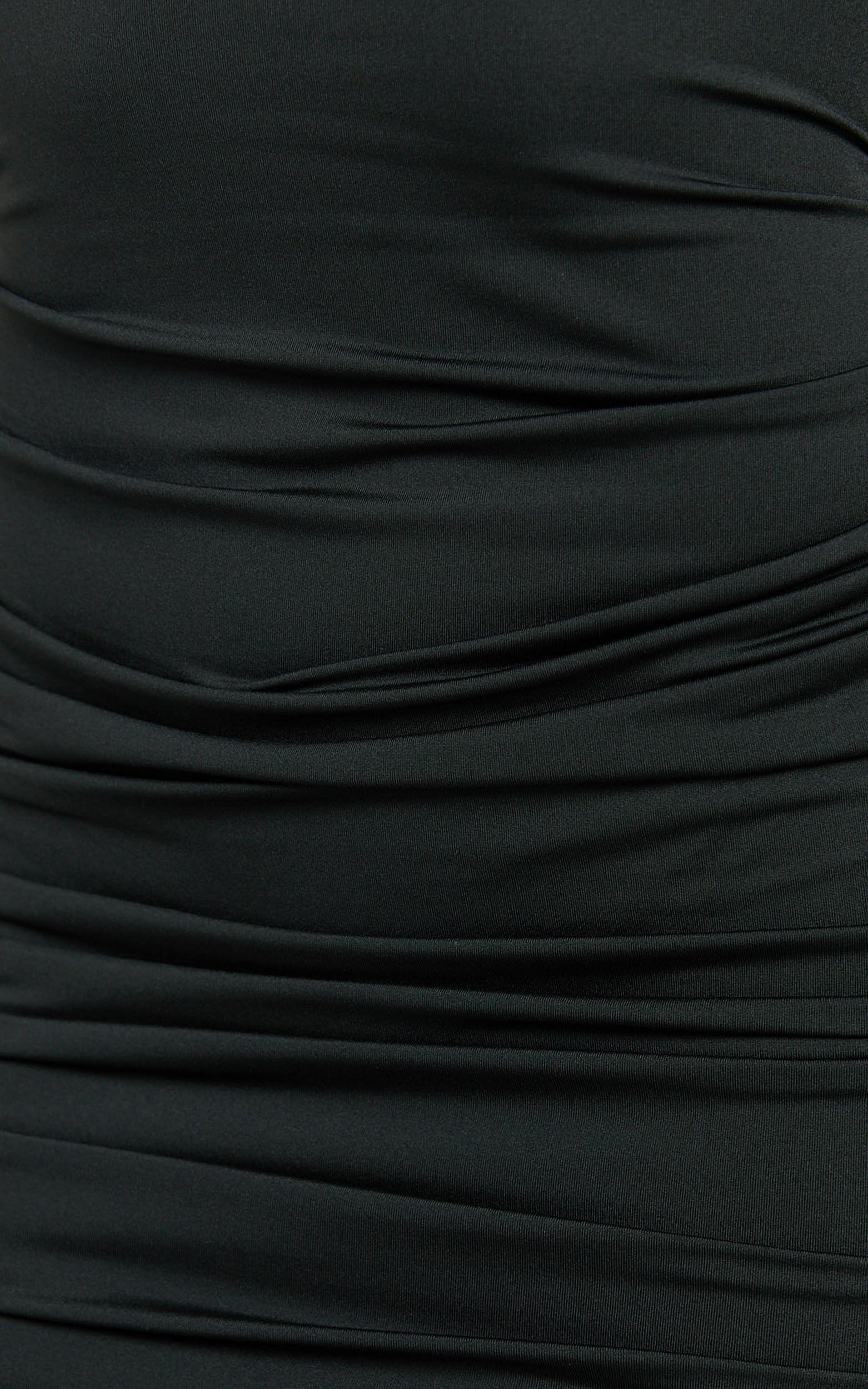 Misty Mini Dress - Wide Neckline Ruched Jersey Dress in Black Product Image