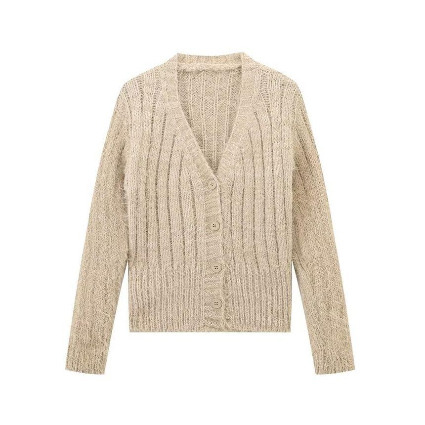 V-Neck Plain Ribbed Cardigan Product Image