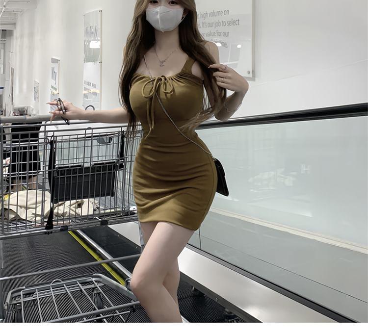 Sleeveless Square Neck Plain Drawstring Mini Sheath Dress / Long Sleeve Collared Plain Shirt Product Image