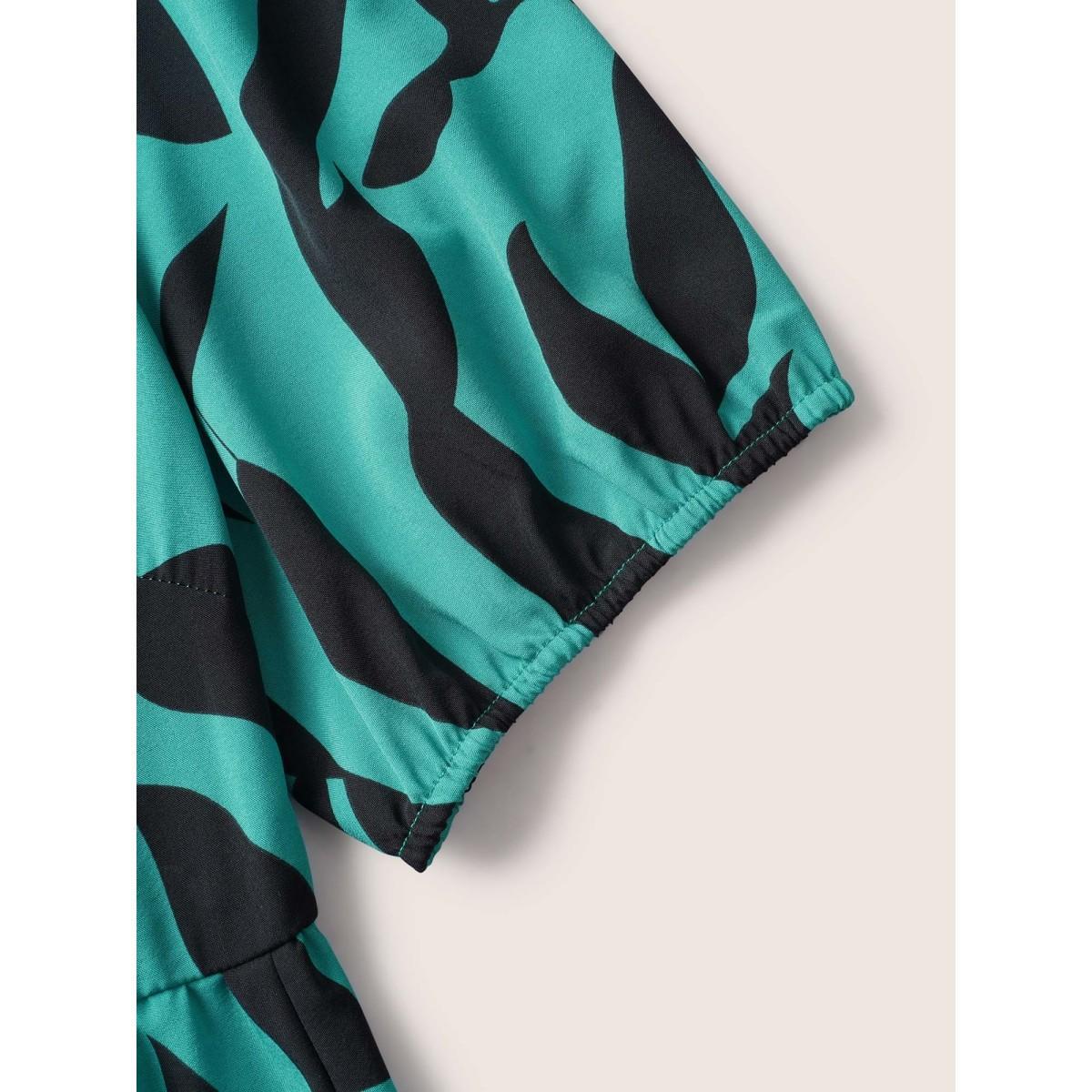 Plus Size Silhouette Floral Print Mock Neck Midi Dress Teal Women Elegant Gathered Mock Neck Short sleeve Curvy BloomChic 30/6X Product Image