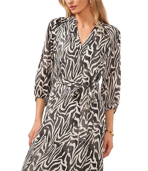 Vince Camuto Wild Zebra Print Satin Yoryu V-Neck 3/4 Sleeve Belted Tie Waist A-Line Maxi Dress Product Image