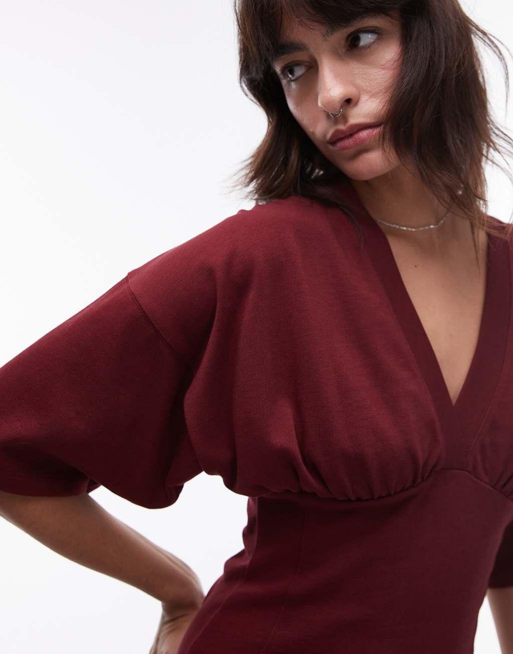 Topshop structured short sleeve top in burgundy Product Image