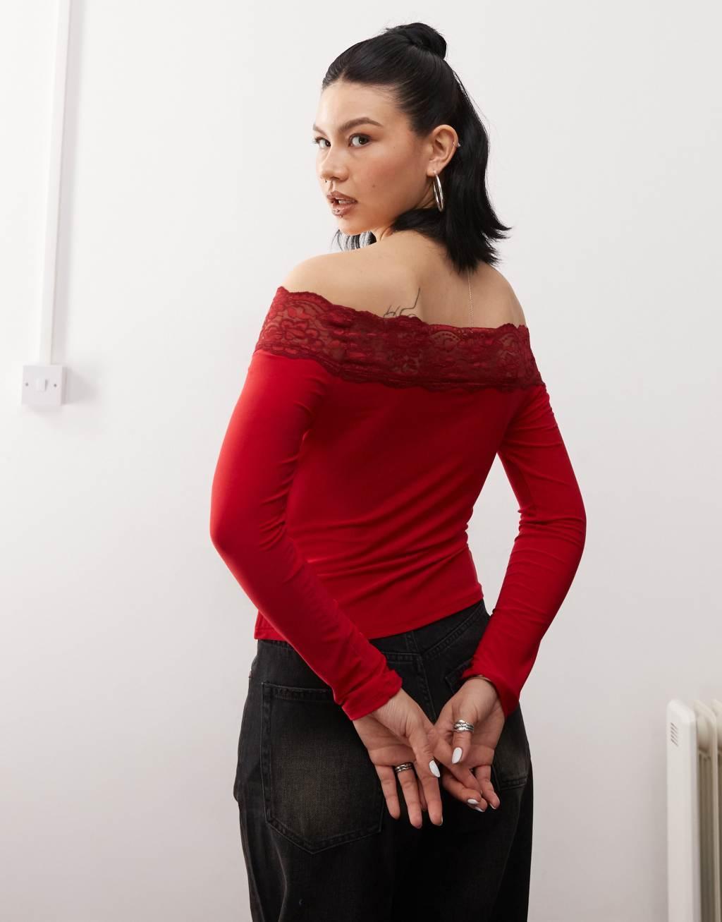 Reclaimed Vintage off the shoulder lace trim top in cherry red Product Image