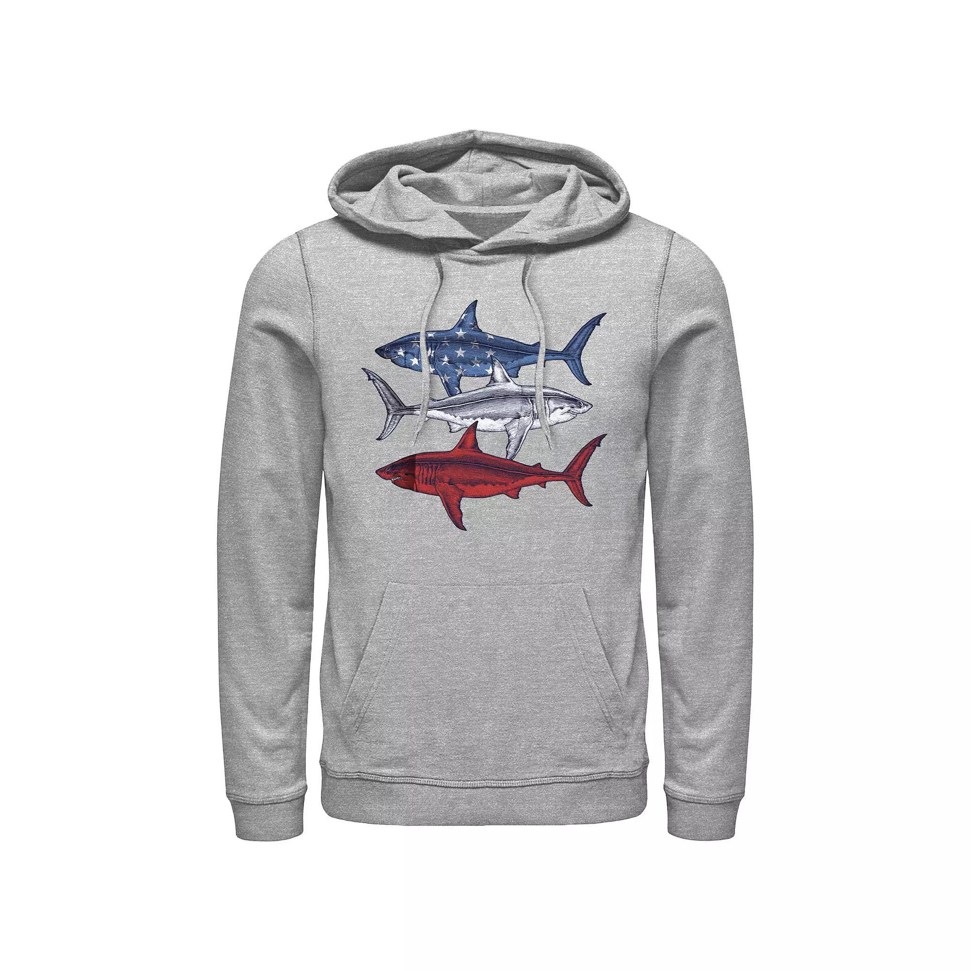 Men's Red White And Blue Sharks Graphic Hoodie, Size: Small, Athletic Grey Product Image