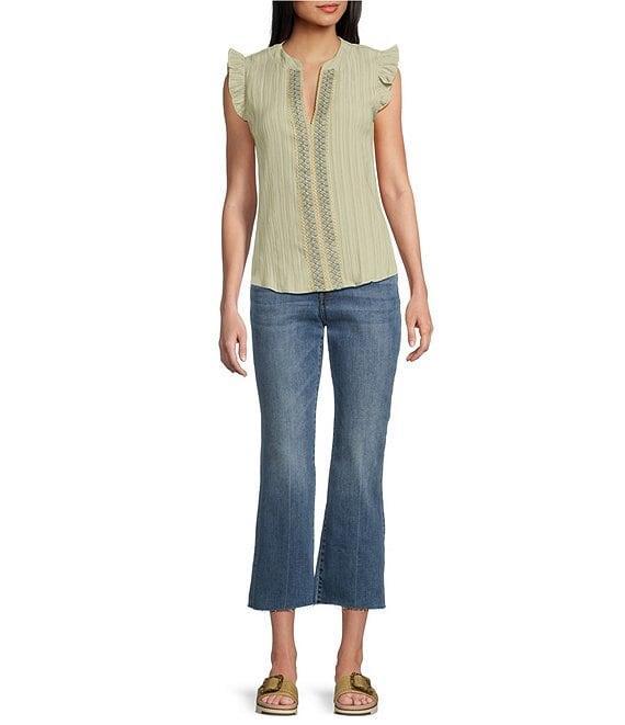 Blu Pepper Cap Sleeve Multicolor Line Lace Trim Crinkle Blouse Product Image