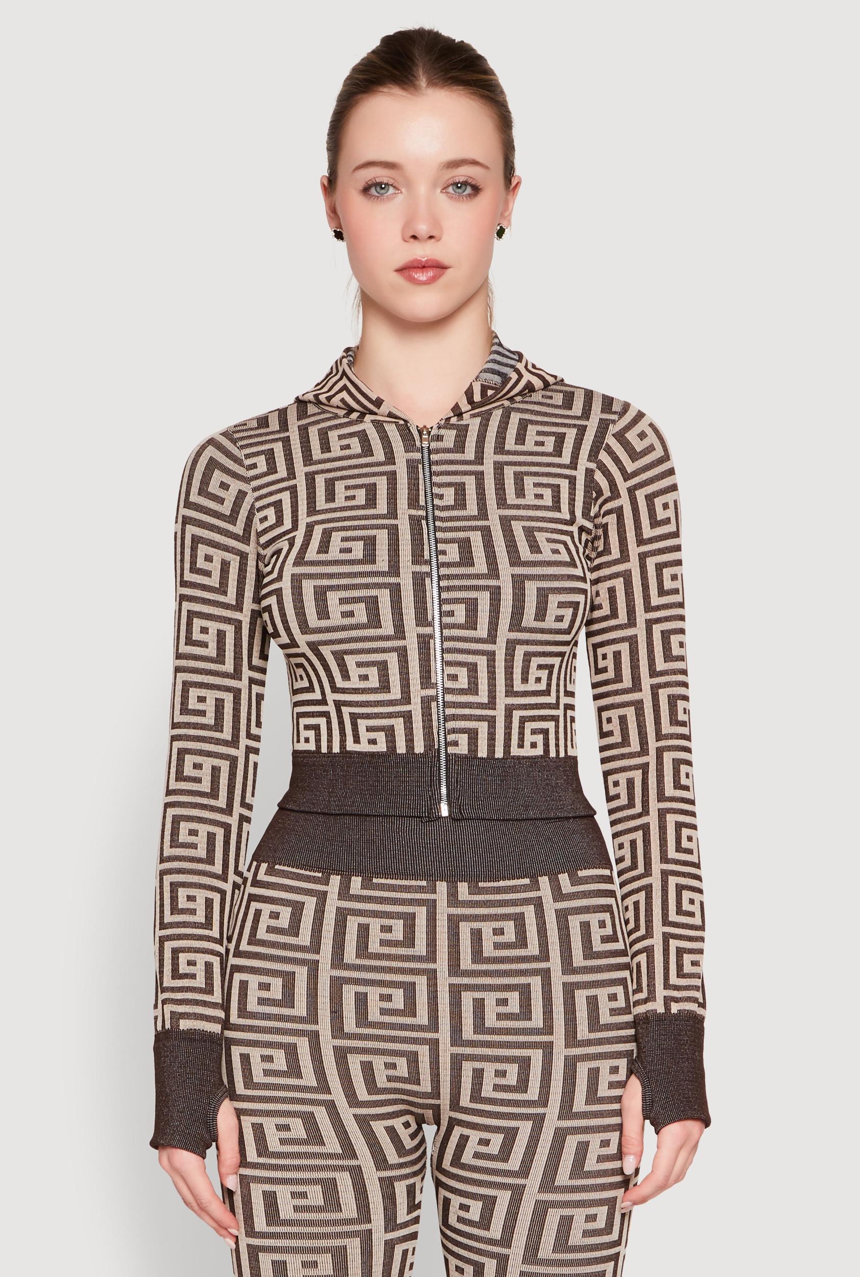 Womens Color Block Greek Key Print Zip Front Hoodie Product Image