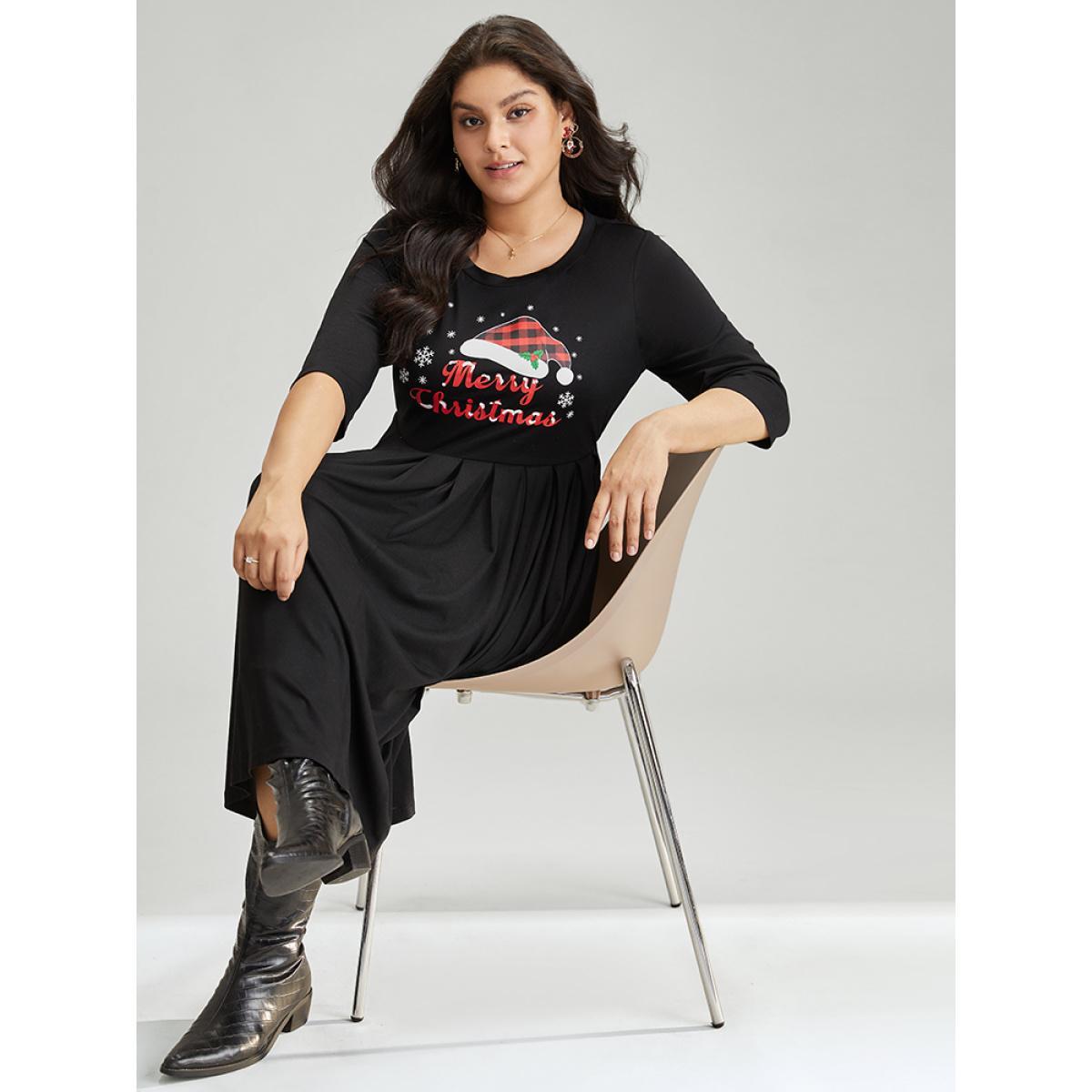 Plus Size Christmas Print Plicated Detail Elastic Waist Dress Black Women Casual Printed Curvy Midi Dress BloomChic 28/5X Product Image