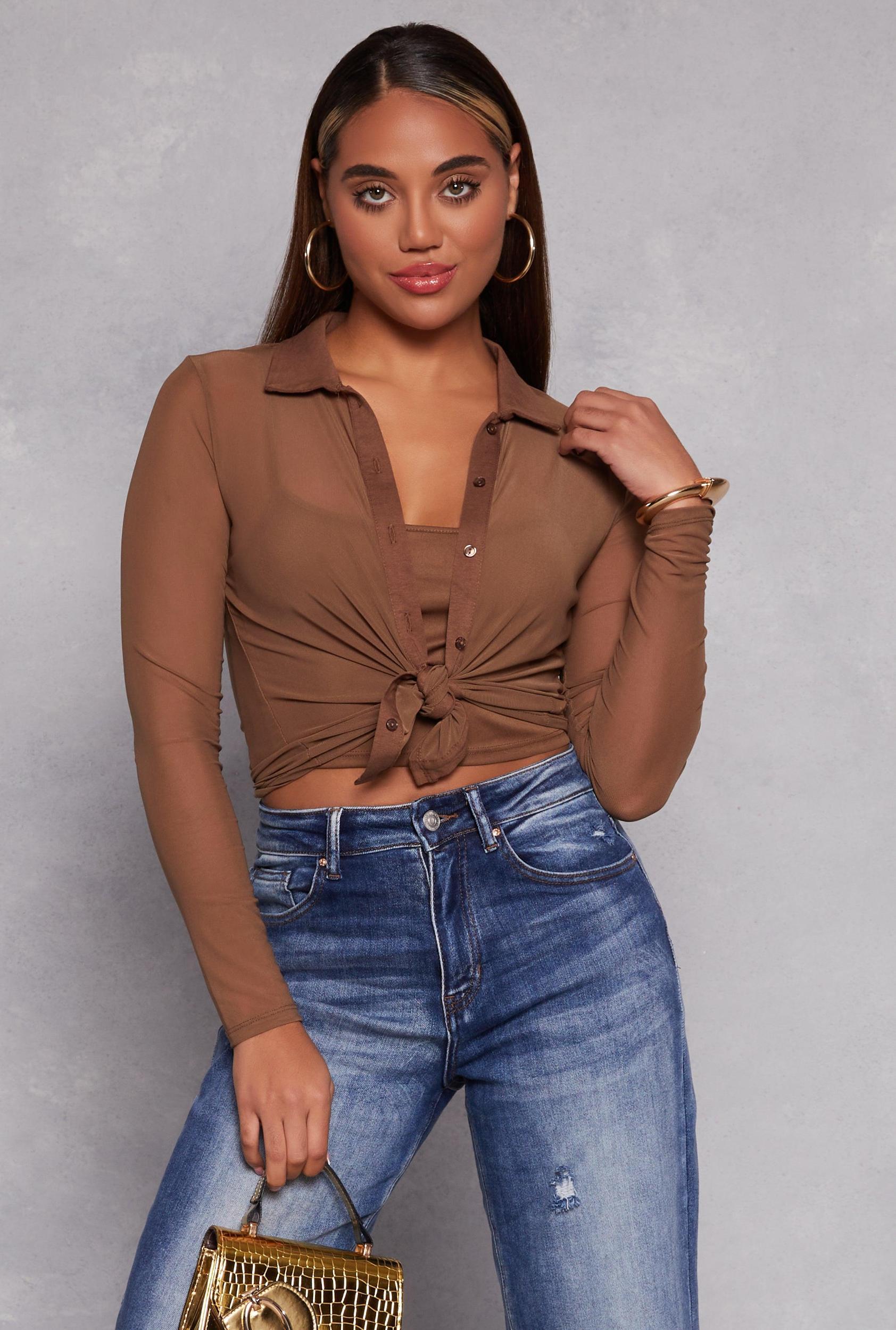 Womens Mesh Button Front Shirt With Cami Product Image