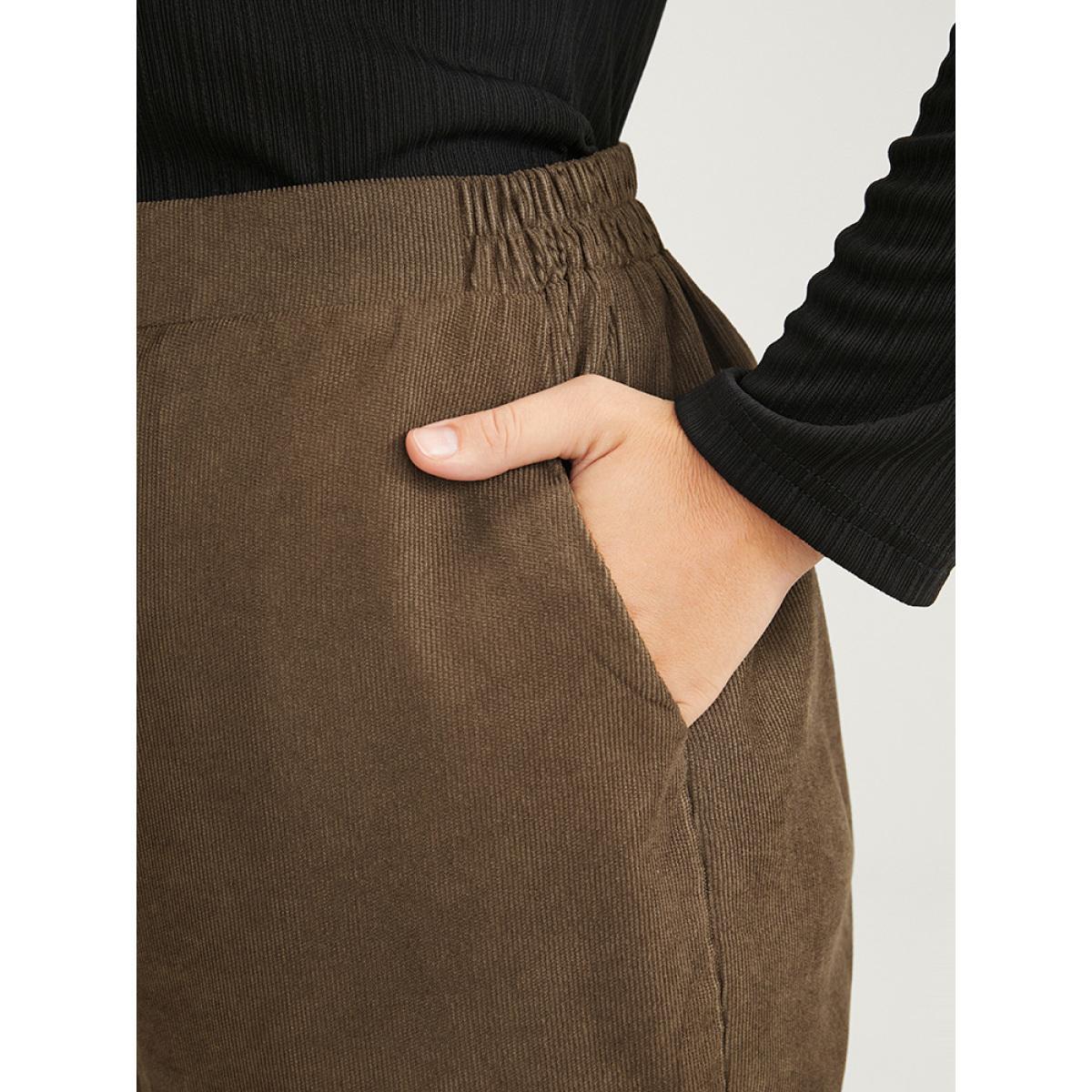 Plus Size Solid Pocket Elastic Waist Corduroy Pants Women Tan Office Mid Rise Work Pants BloomChic 30/6X Product Image