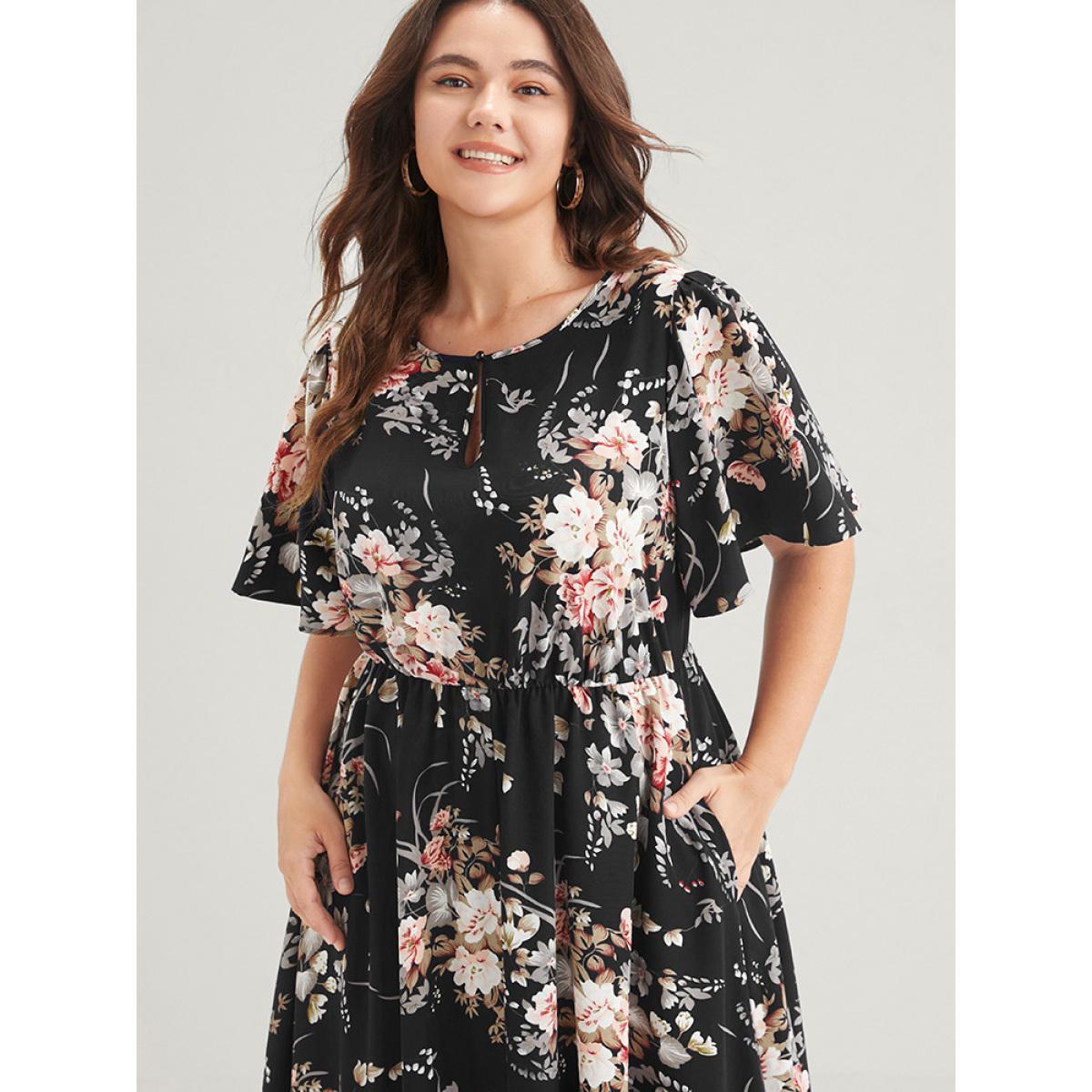 Plus Size Bloom Dress - Floral Keyhole Round Neck Pocket Ruffles Midi Dress Black Women Elegant Printed Round Neck Short sleeve Curvy Midi Dress BloomChic 18-20/2X Product Image