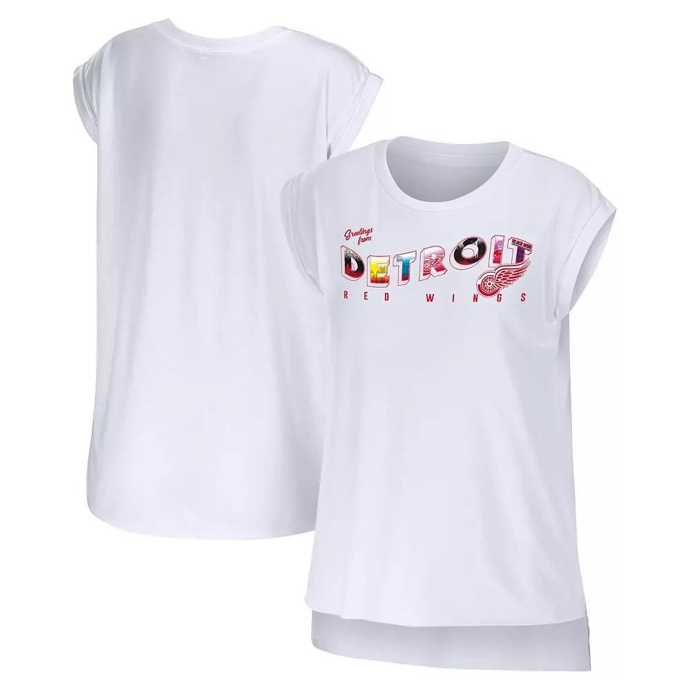 Women's WEAR by Erin Andrews White Detroit Red Wings Greetings From Muscle T-Shirt, Size: Small Product Image