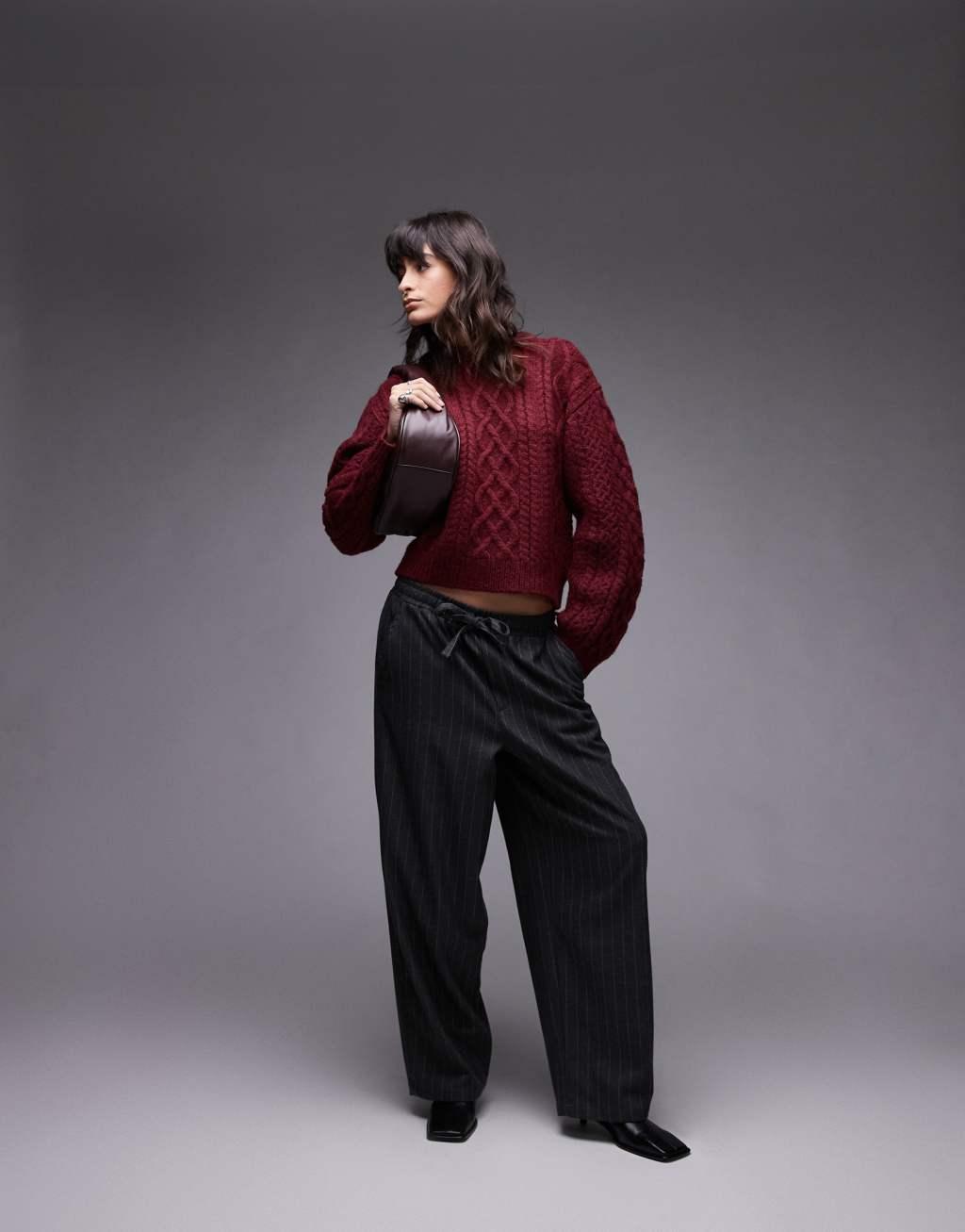 Topshop knit curved sleeve cable oversized sweater in burgundy Product Image