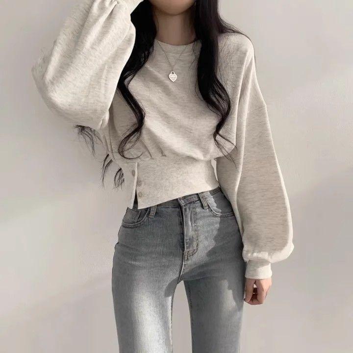 Puff-Sleeve Round Neck Plain Crop Sweatshirt Product Image