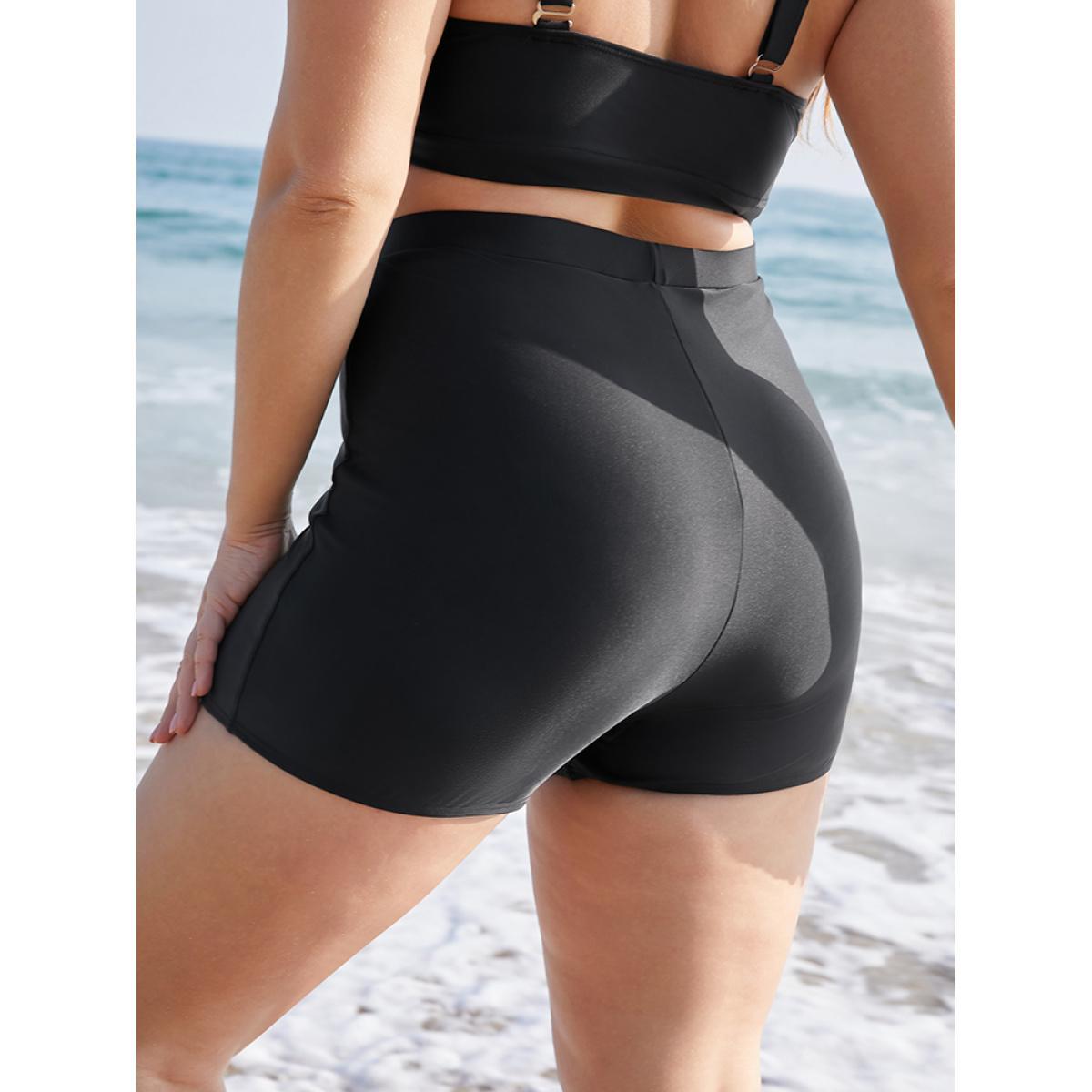Plus Size Plain Elastic Waist Swim Shorts Women's Swimwear Black Beach Non High stretch Skinny High Rise Curve Swim Bottoms BloomChic 12/L Product Image