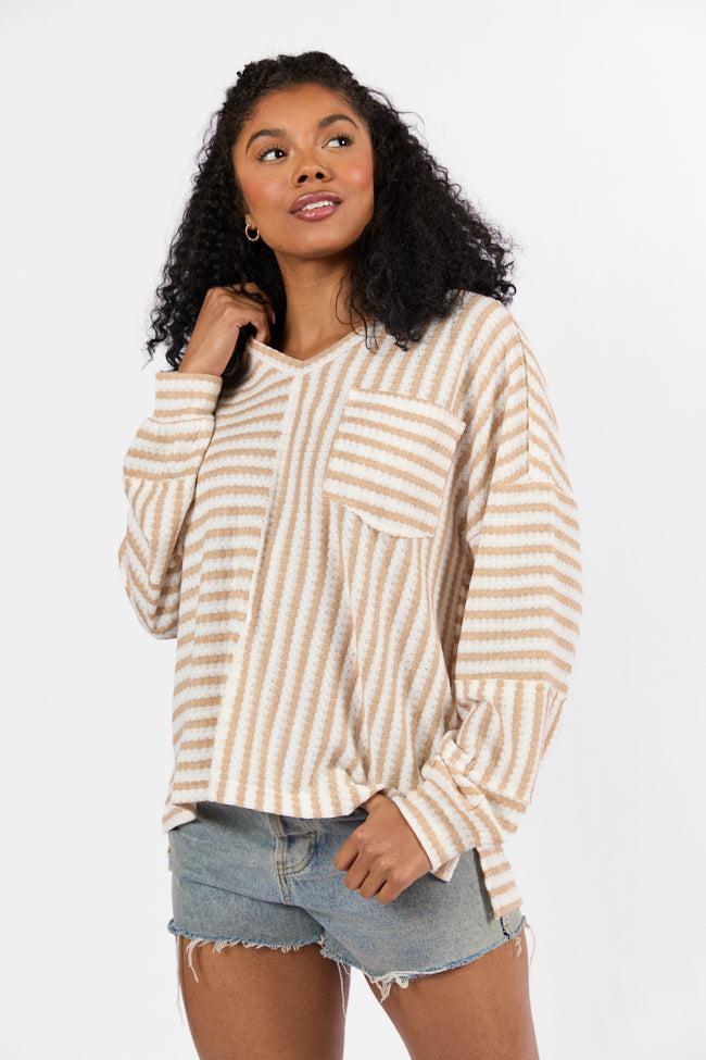 All For Sun Tan and Ivory Striped Knit V-Neck Long Sleeve Tee FINAL SALE Product Image
