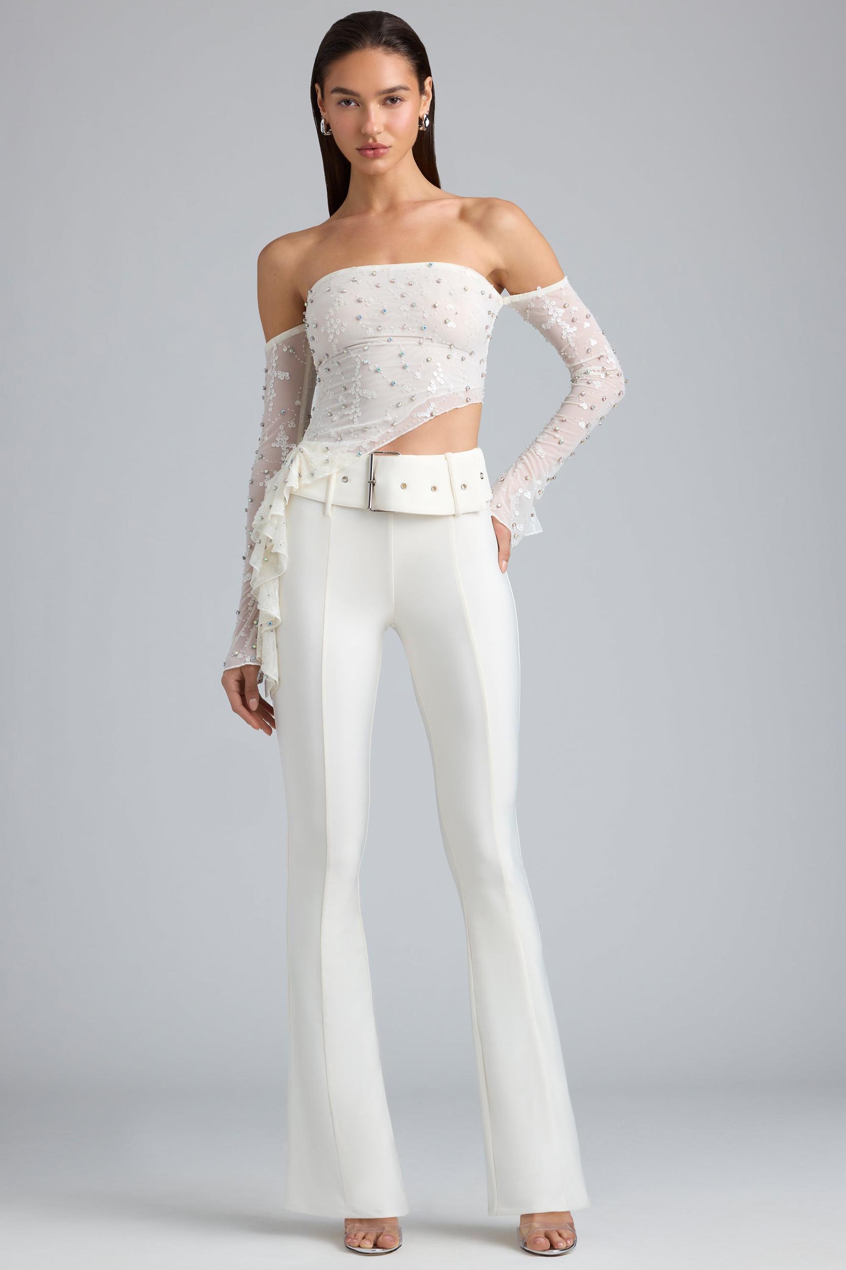Metallic Belted Mid-Rise Flared Trousers in Ivory Product Image