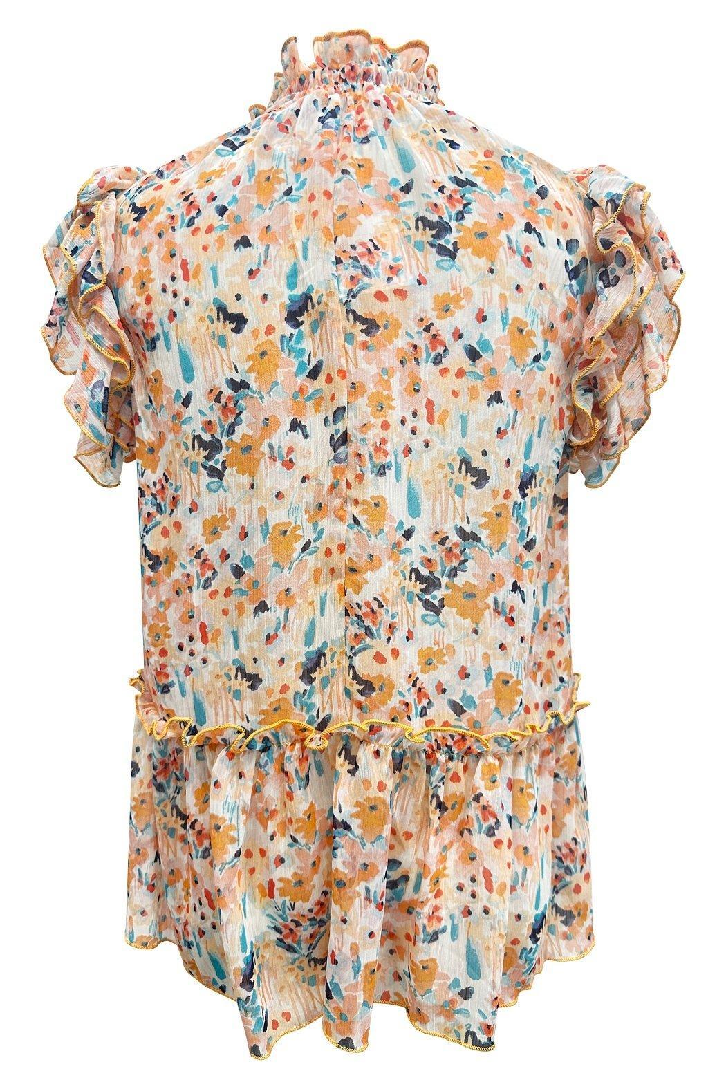 High-Neck Ruffle Sleeve Floral Blouse Product Image