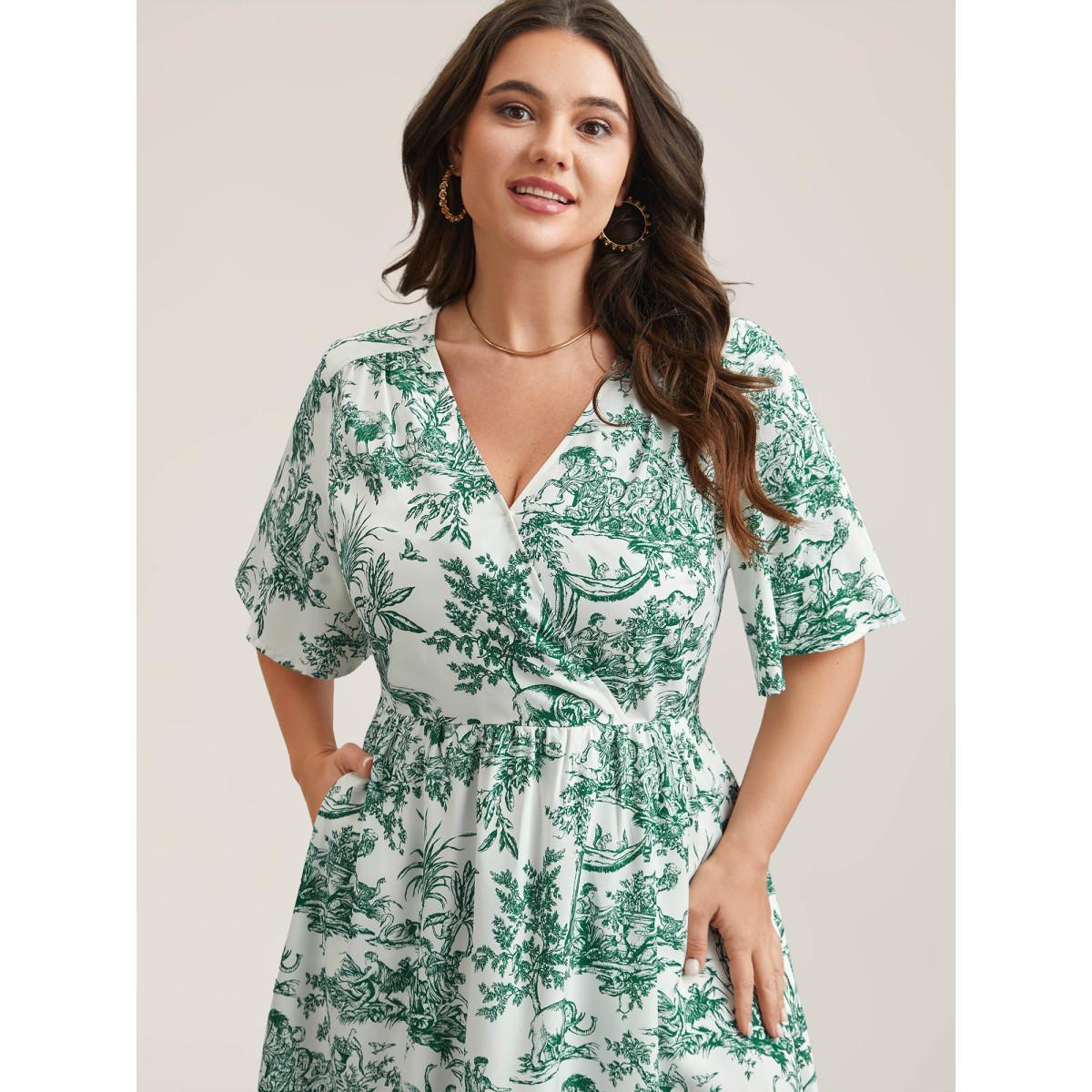 Plus Size Forest Print Waist-Cinched Surplice Neck Dress Emerald Women Elegant Non Overlap Collar Half Sleeve Curvy BloomChic 14-16/1X Product Image