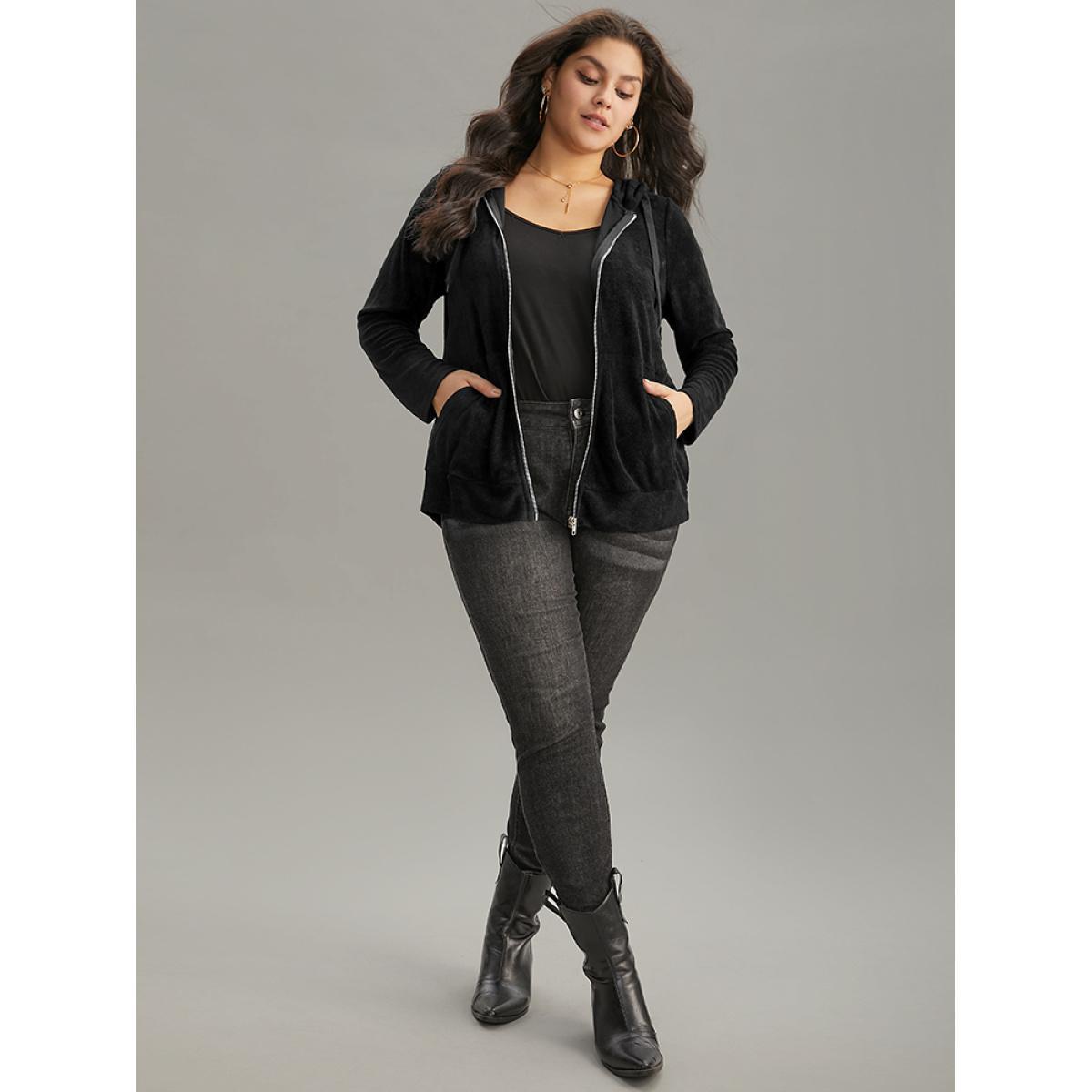 Plus Size Supersoft Essentials Solid Terry Hooded Zipper Sweatshirt Women Black Casual Plain Hooded Dailywear Sweatshirts BloomChic 22-24/3X Product Image