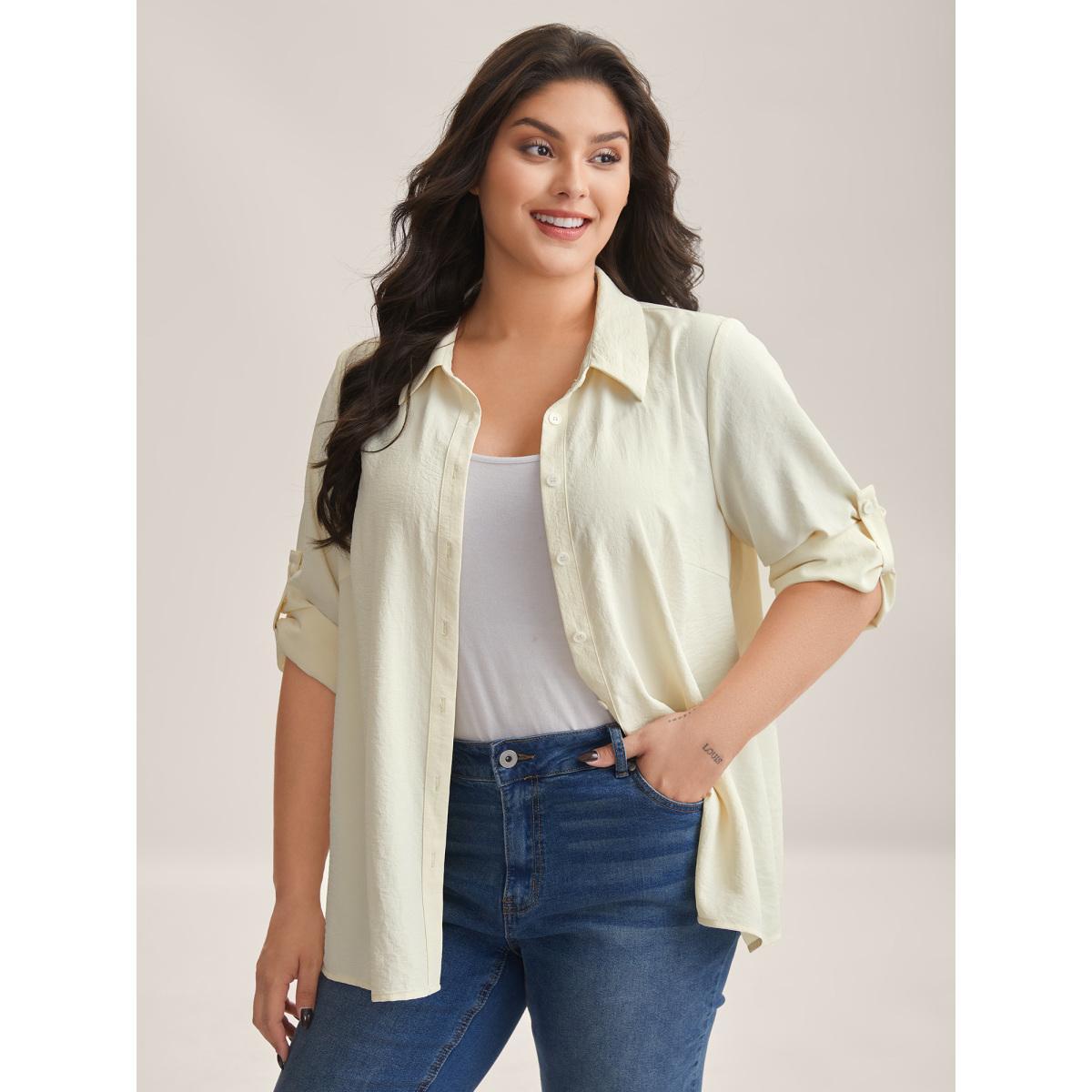 Plus Size Beige Bow Back Button Placket Solid Blouse Women Long Sleeve Shirt collar Everyday-Casual Blouses BloomChic 18-20/2X Product Image