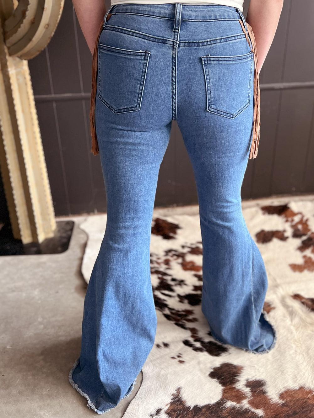 Bell Bottom Denim With Suede Fringe Product Image