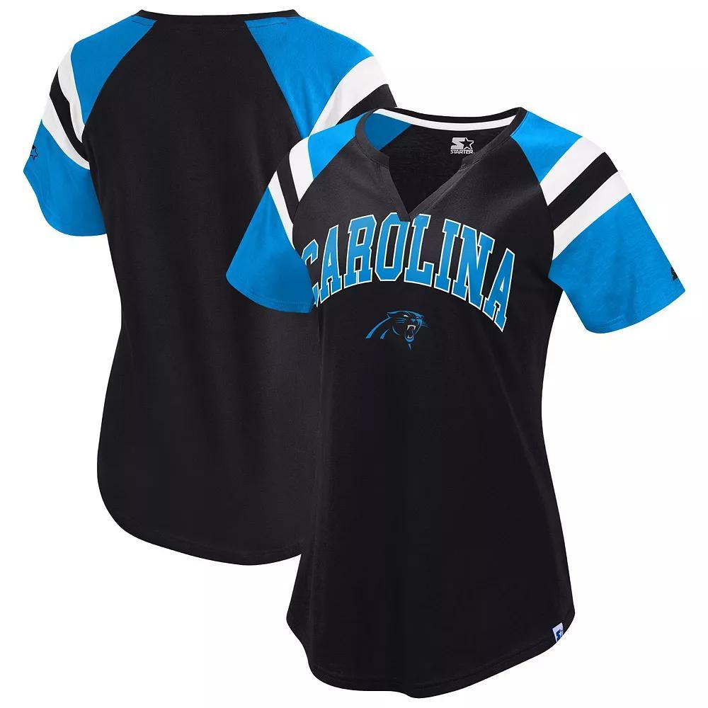 Women's Starter  Black Carolina Panthers Game On Notch Neck Raglan T-Shirt, Size: Large Product Image
