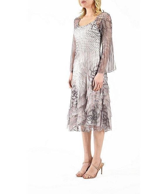 Komarov Printed Charmeuse Square Neck 3/4 Bell Sleeve Tiered Dress Product Image