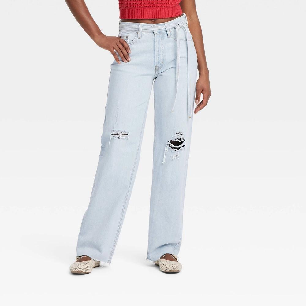 Women's Mid-Rise Tie-Waist Drawstring Baggy Jeans - Universal Thread™ Light Wash 14 Short: Relaxed Fit, Frayed Hem Product Image